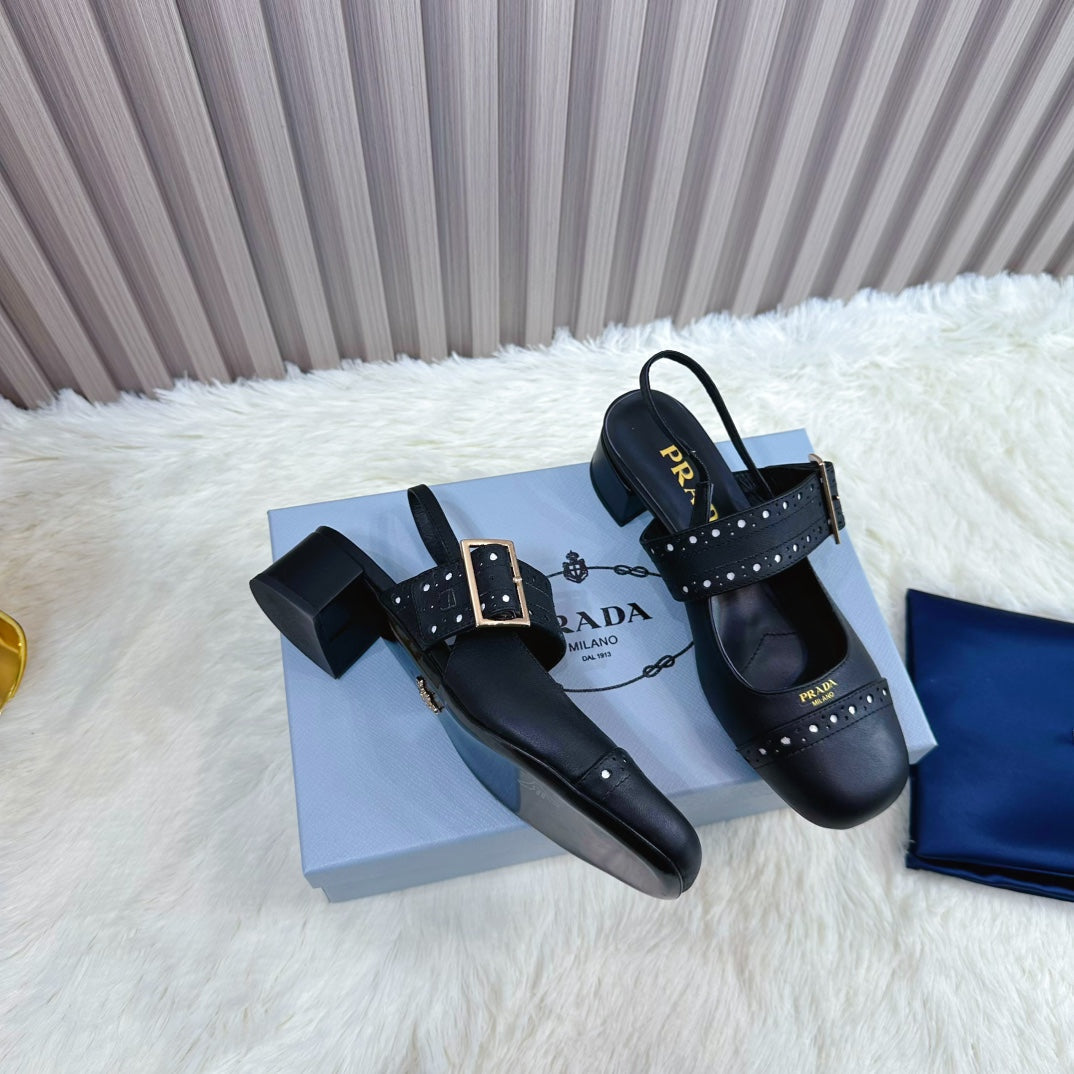 Prada 26s Square Toe Studded Slingback Block Heel 40mm In Black Calfskin