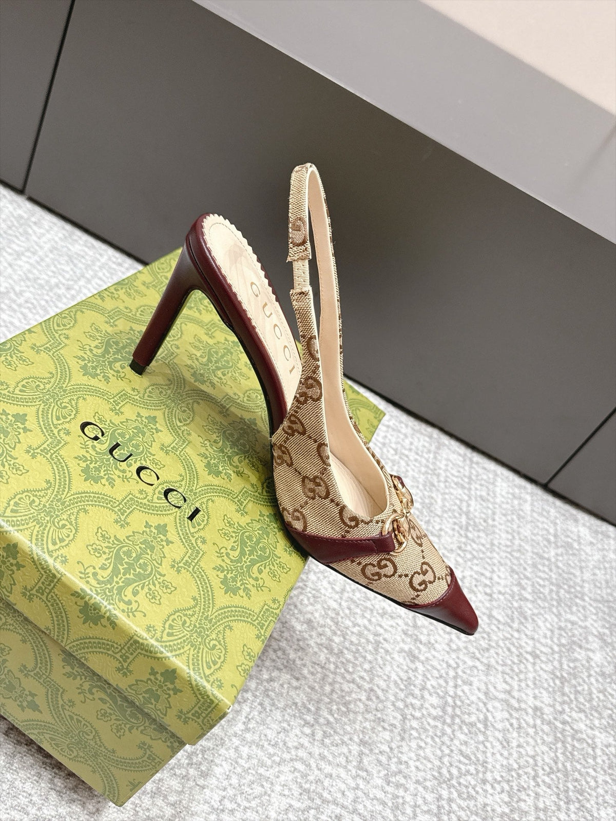 GG 26s Donna Slingback Pumps 8.5cm GG Canvas Burgundy 195299