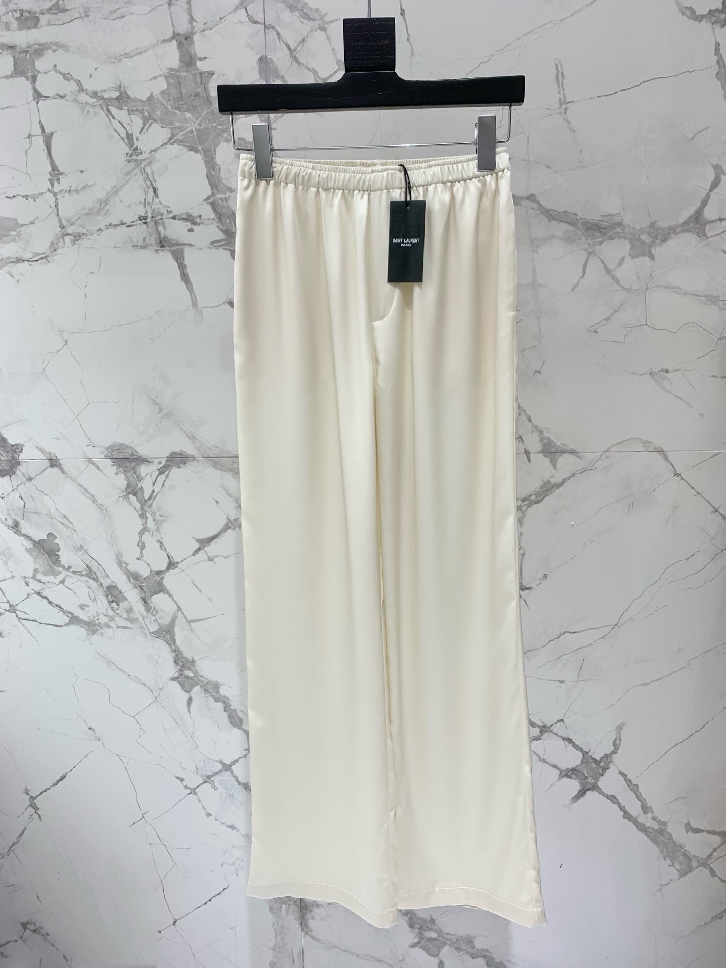 YSL 26s Wide-Leg Trousers White Silk 408686