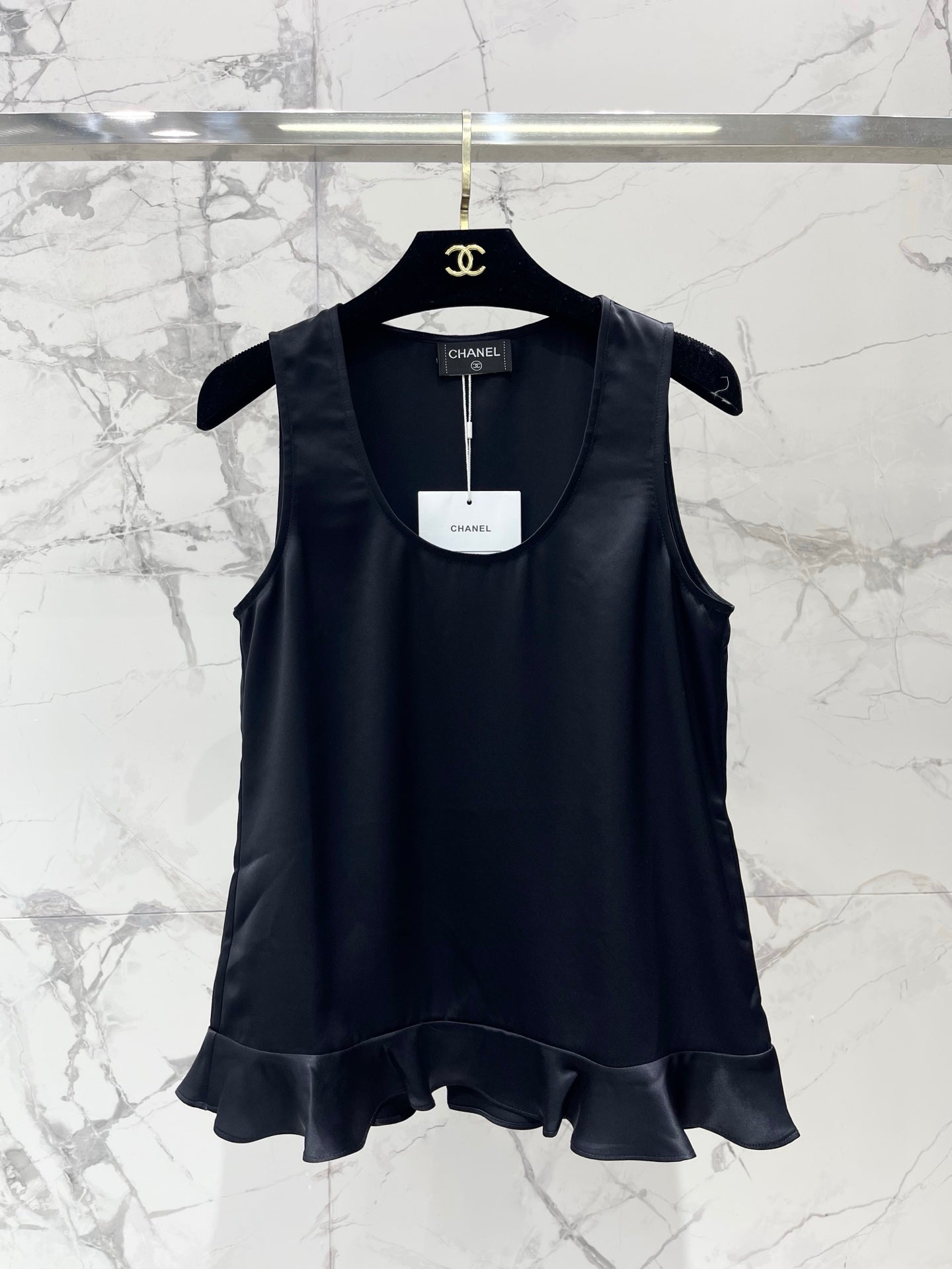CC 26s Ruffled Acetate Sleeveless Vest Black Silk 408688