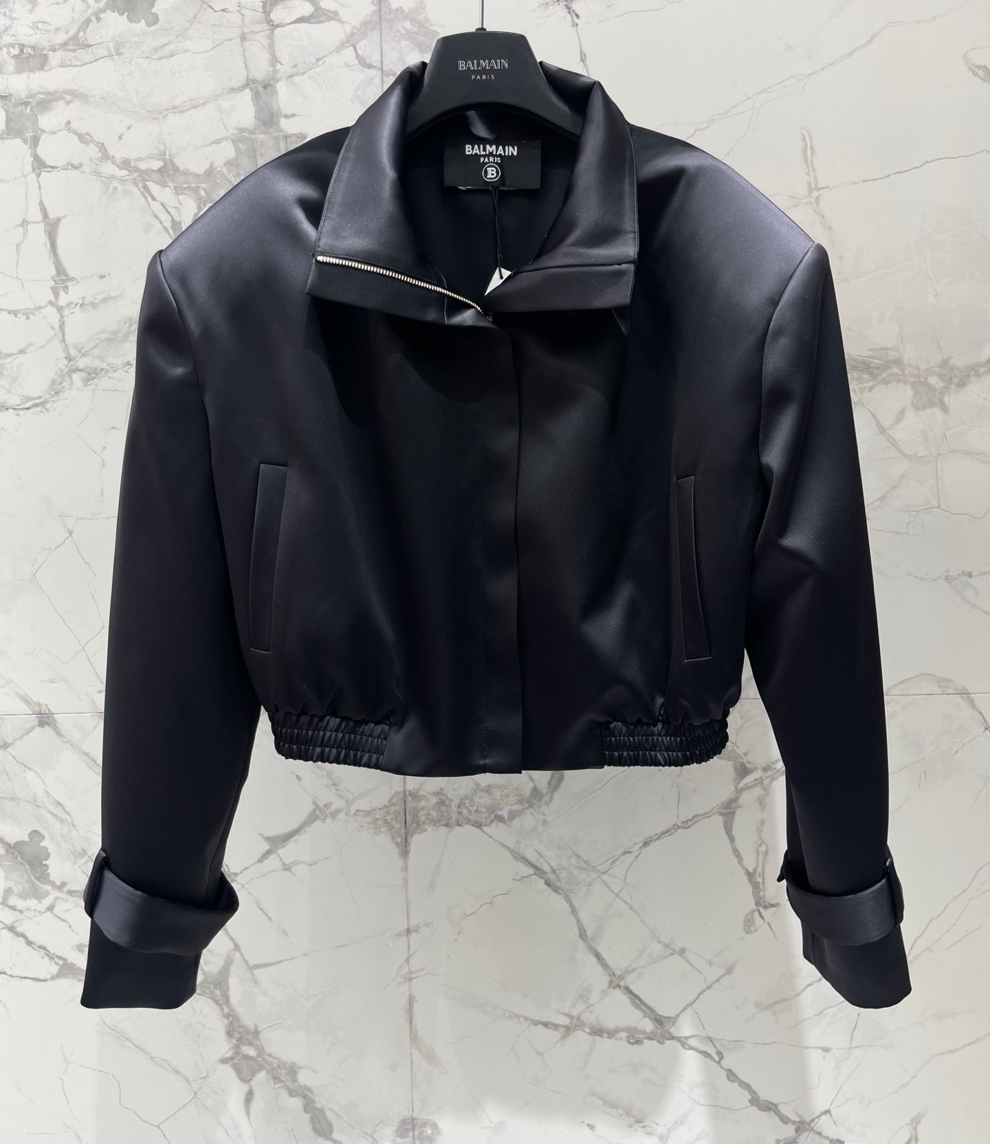 Balmain 26s Padded Shoulder Acetate Short Jacket Black Polyester 408620