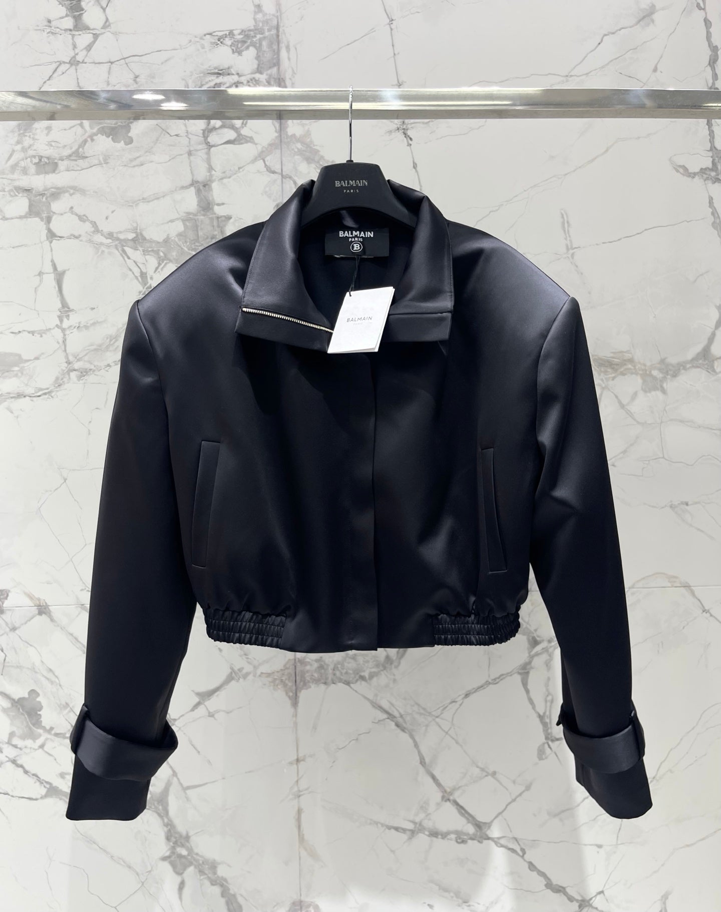 Balmain 26s Padded Shoulder Acetate Short Jacket Black Polyester 408620