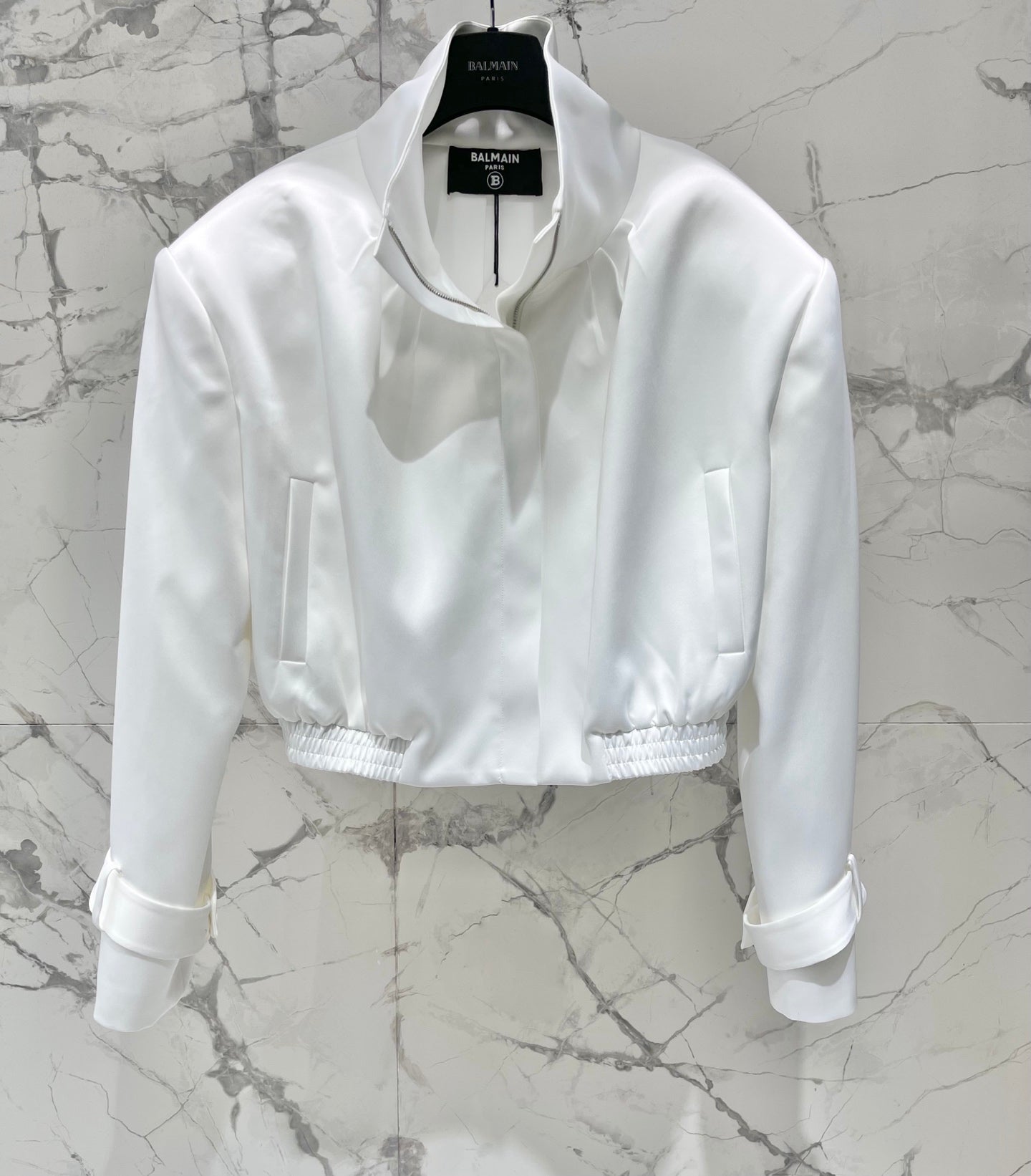 Balmain 26s Padded Shoulder Acetate Short Jacket White Polyester 408621