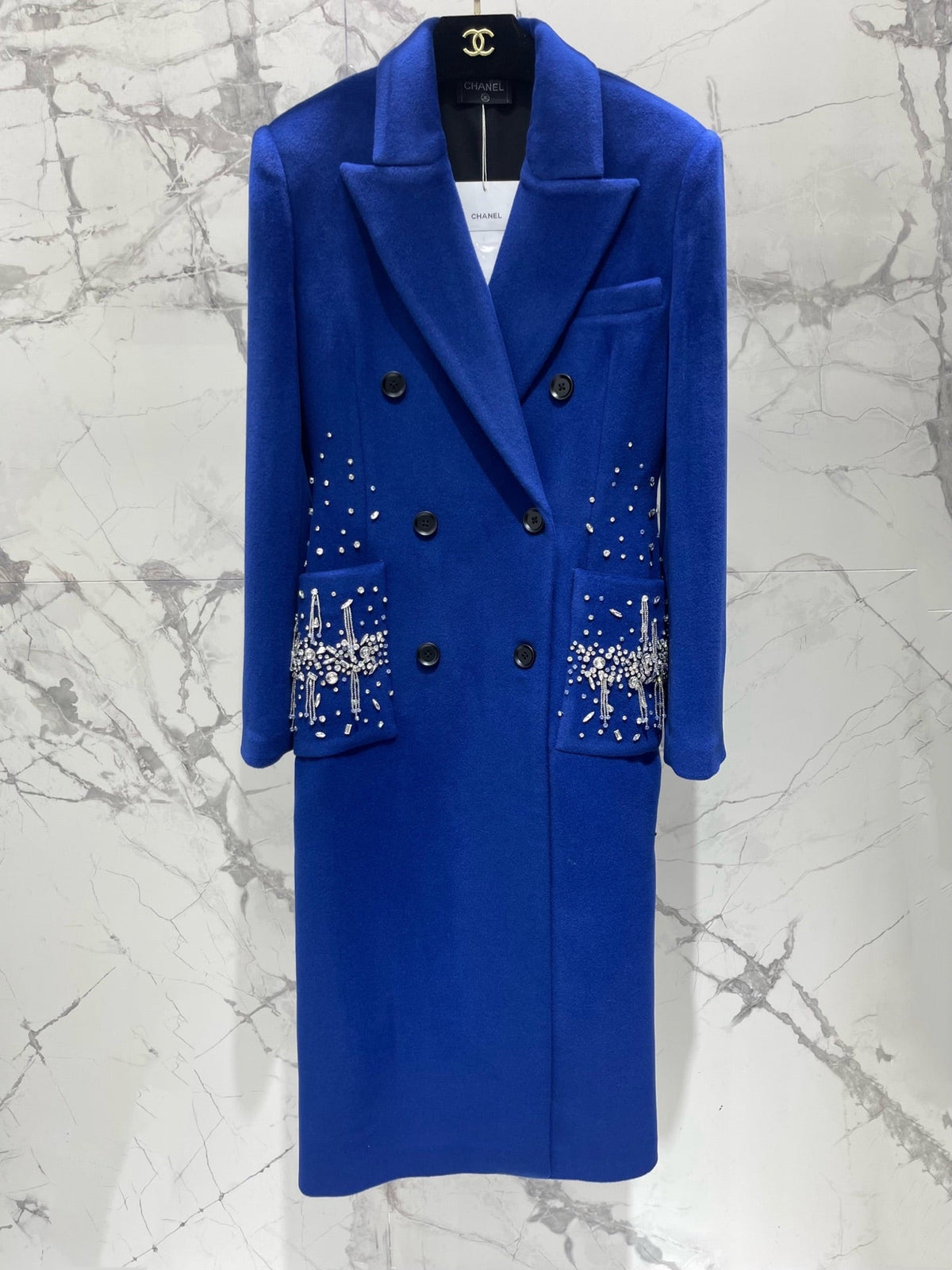 Prada 26s Crystal Embellished Double Breasted Wool Cashmere Long Coat Blue 450243