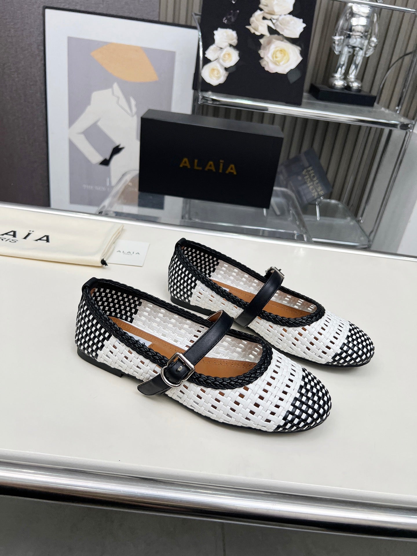 Alaia Mary Jane Flats Woven Pattern White Black Calfskin 714960