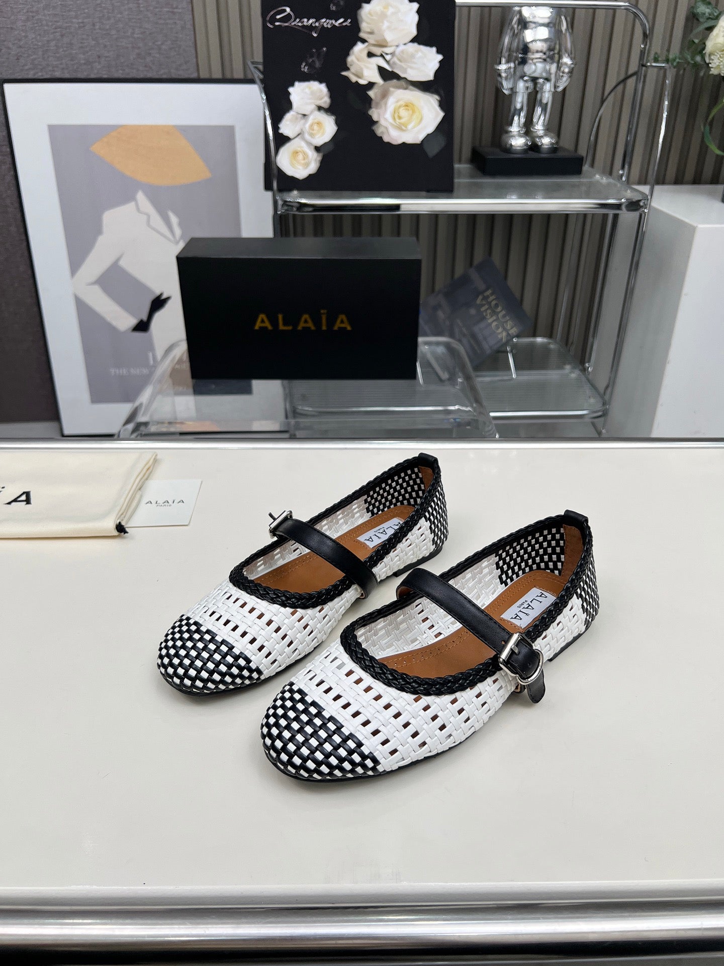 Alaia Mary Jane Flats Woven Pattern White Black Calfskin 714960