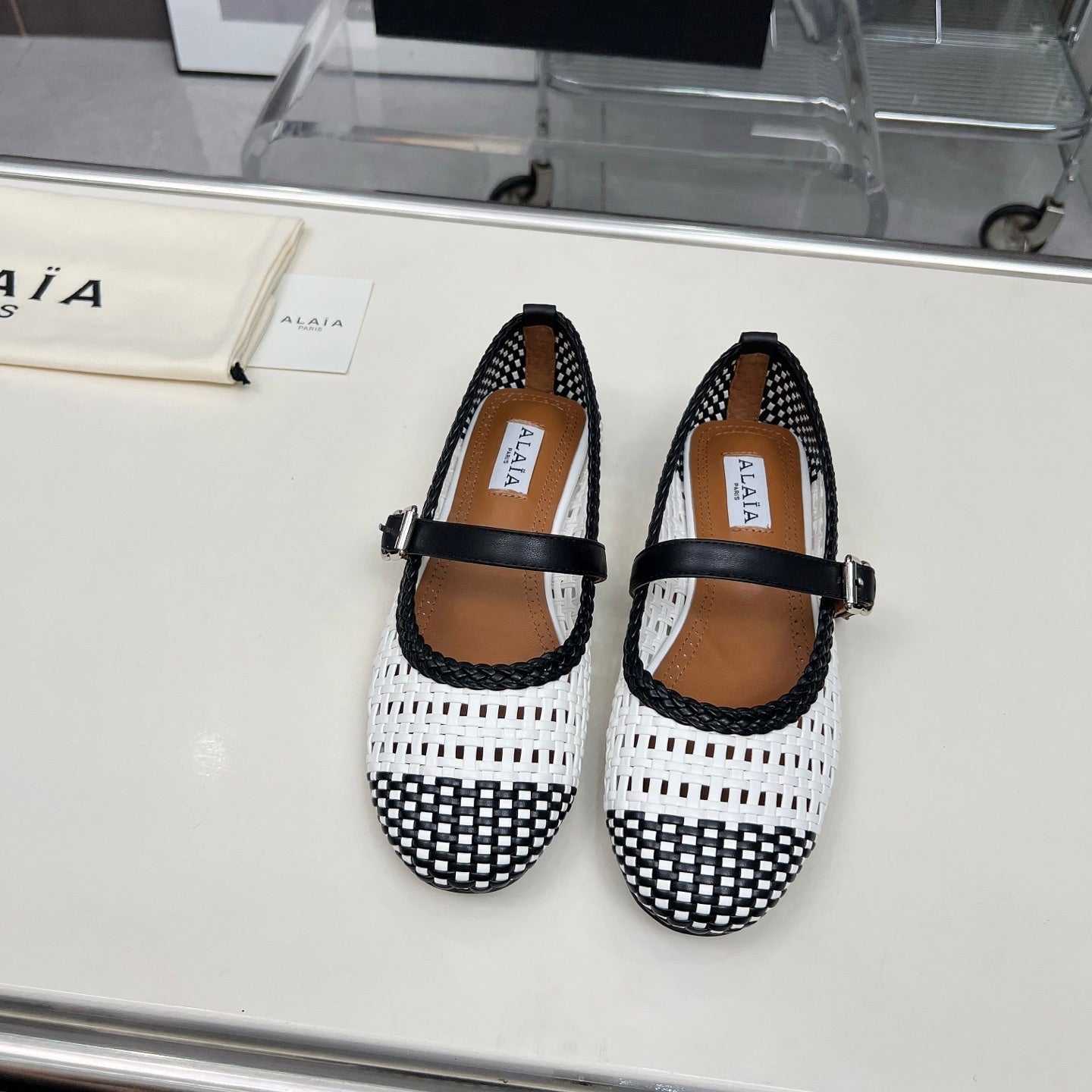 Alaia Mary Jane Flats Woven Pattern White Black Calfskin 714960