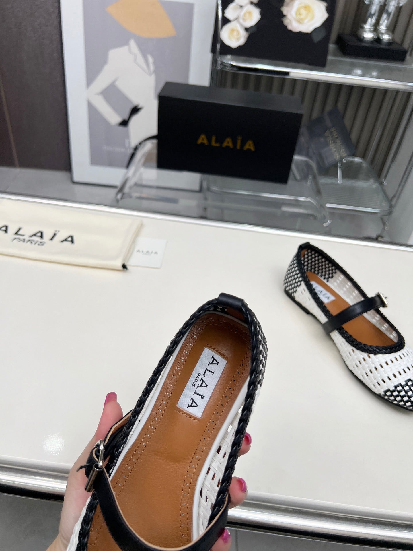 Alaia Mary Jane Flats Woven Pattern White Black Calfskin 714960