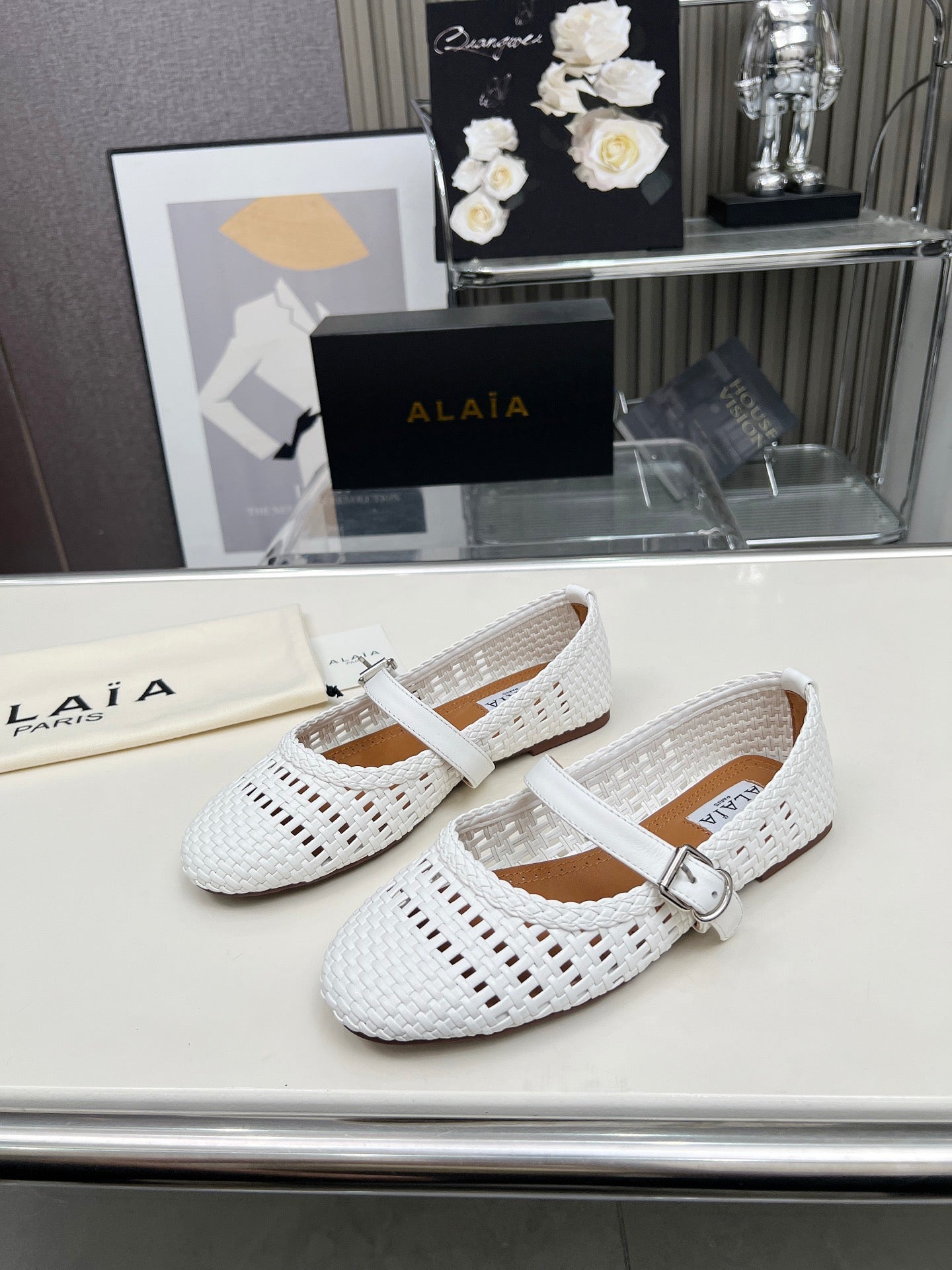 Alaia Mary Jane Flats Woven Pattern White Calfskin 714957