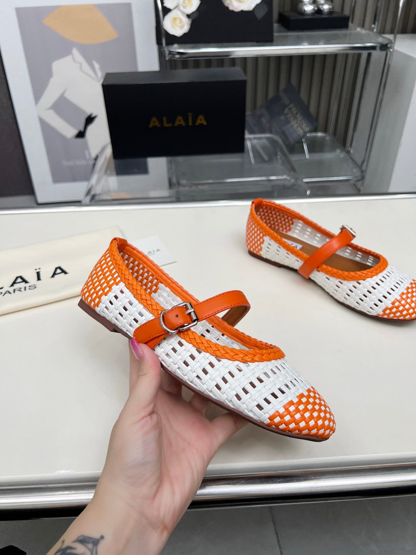 Alaia Mary Jane Flats Woven Pattern White Orange Calfskin 714953