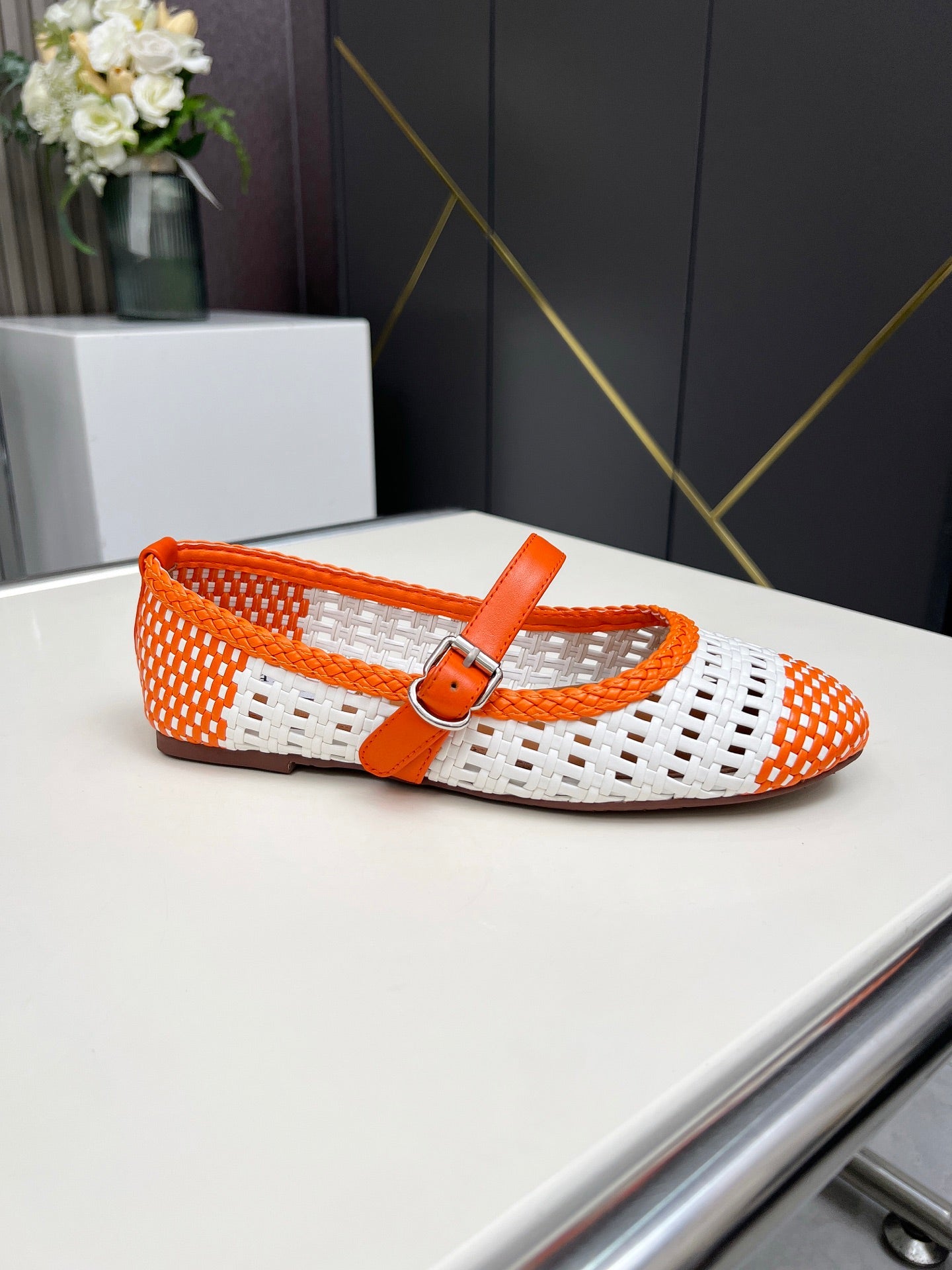 Alaia Mary Jane Flats Woven Pattern White Orange Calfskin 714953