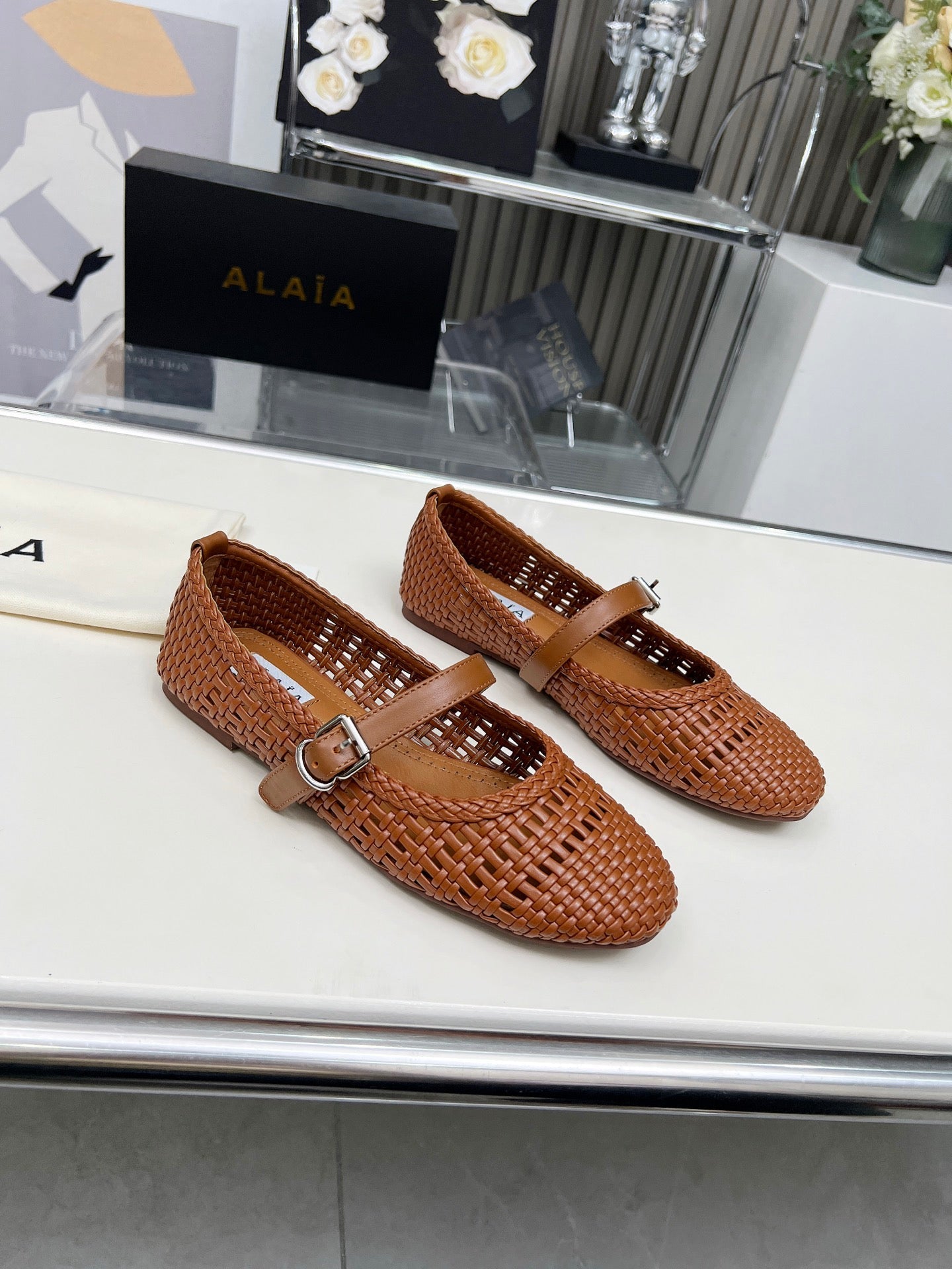 Alaia Mary Jane Flats Woven Pattern Brown Calfskin 714955