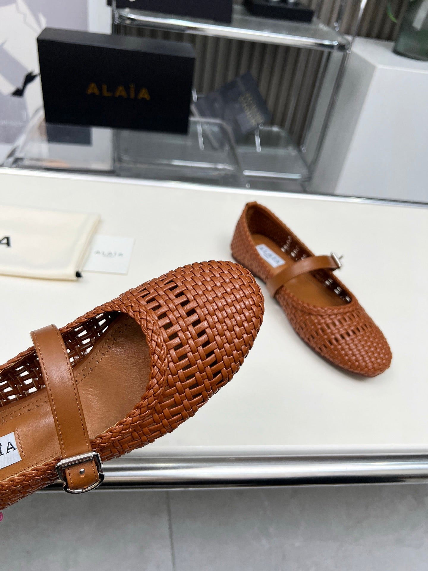 Alaia Mary Jane Flats Woven Pattern Brown Calfskin 714955