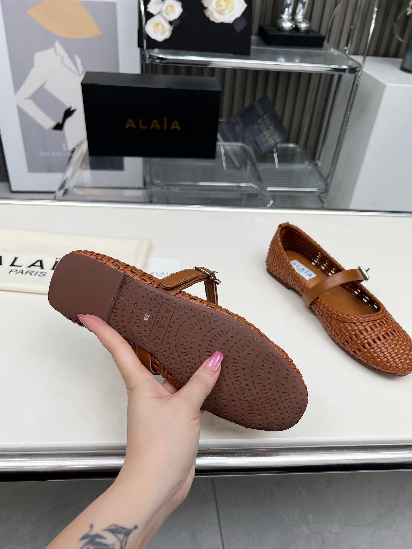 Alaia Mary Jane Flats Woven Pattern Brown Calfskin 714955