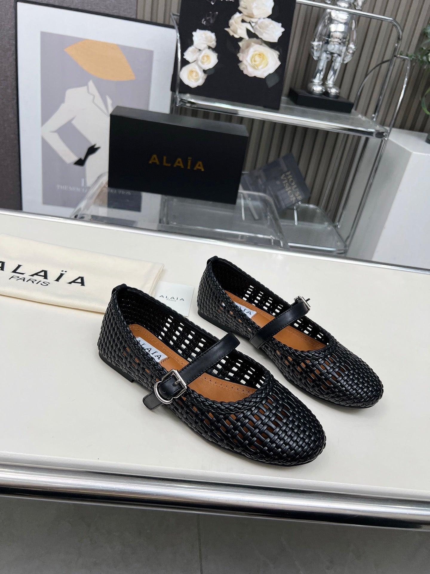 Alaia Mary Jane Flats Woven Pattern Black Calfskin 714954