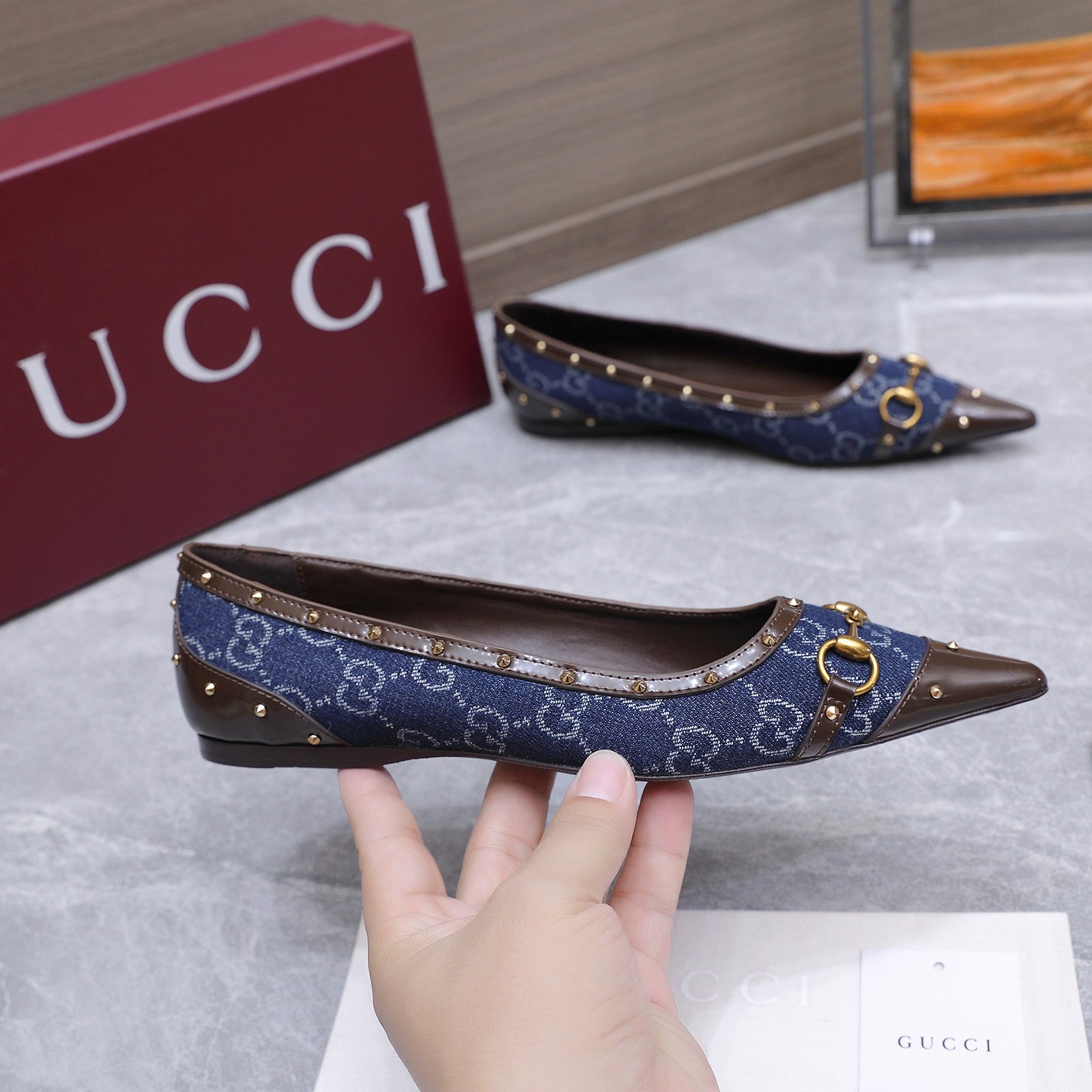 GG Savoy Ballerina Blue Brown Denim Leather 864282