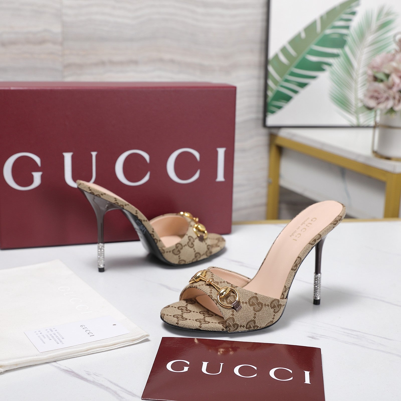 GG 26s Mules Crystal-Embellished Stiletto Heels Beige Canvas 961231