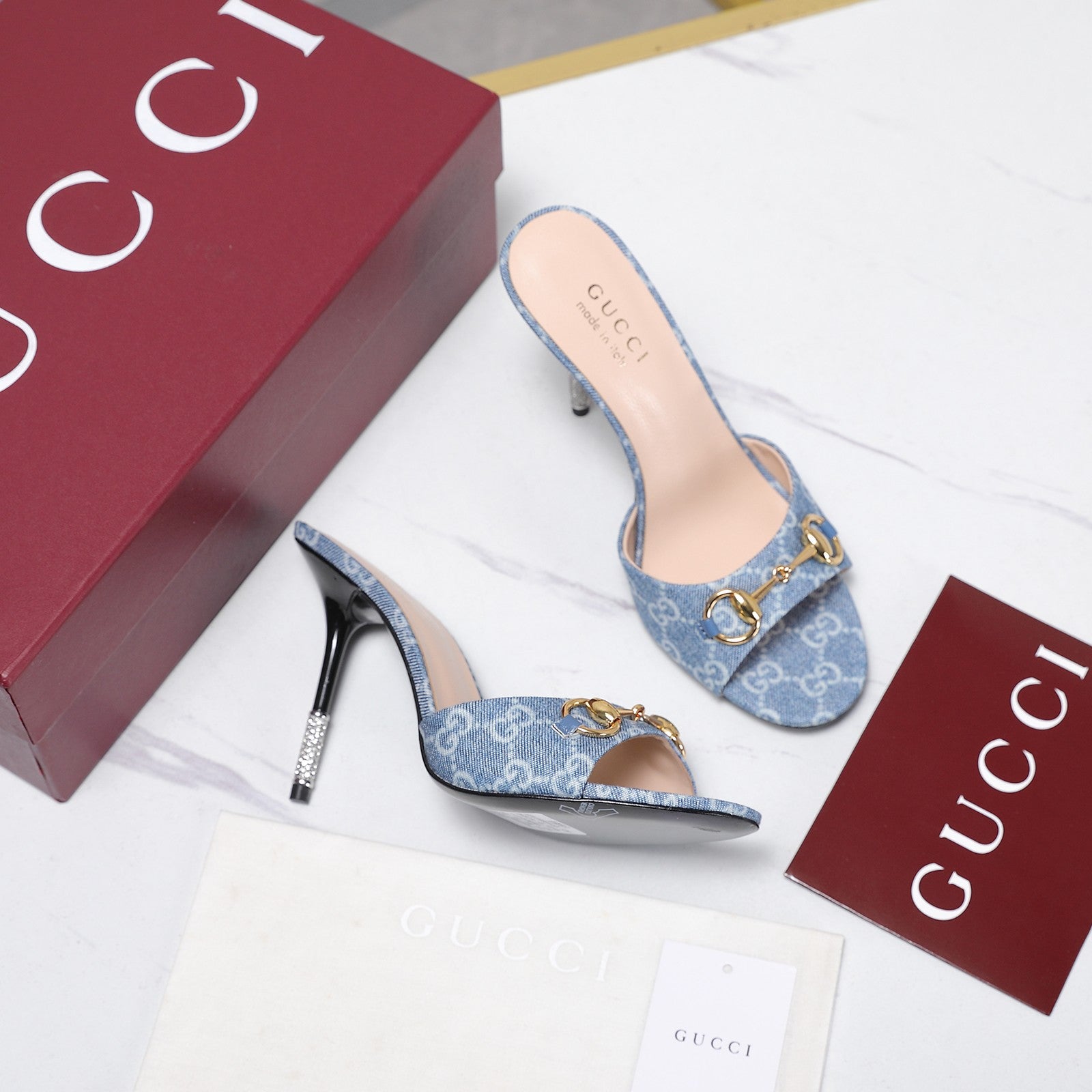 GG 26s Mules Crystal-Embellished Stiletto Heels Blue Canvas 961232