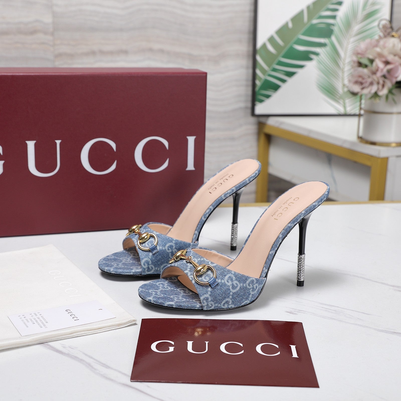 GG 26s Mules Crystal-Embellished Stiletto Heels Blue Canvas 961232