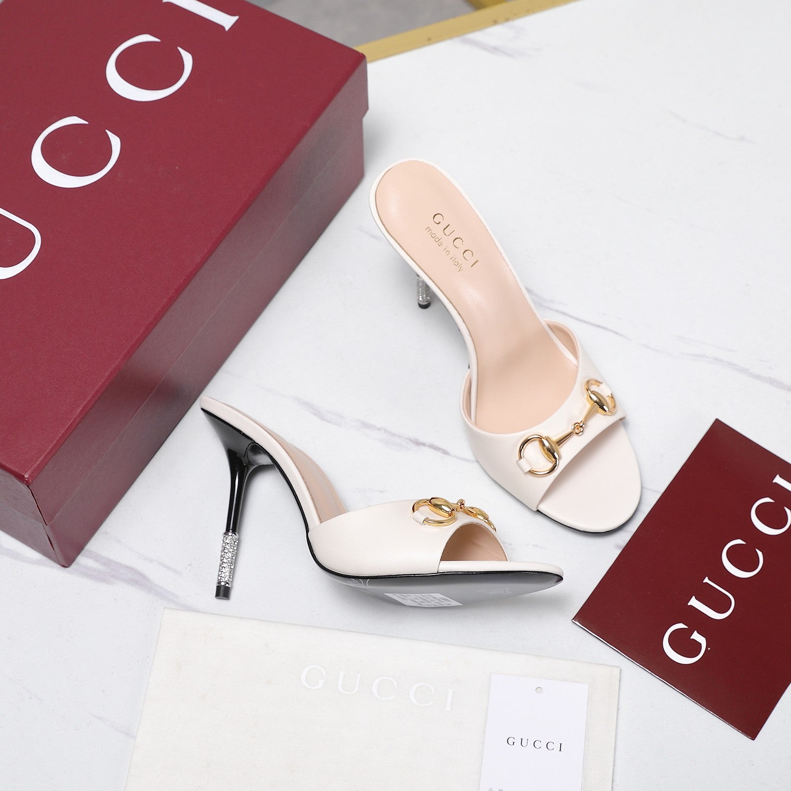 GG 26s Mules Crystal-Embellished Stiletto Heels White Calfskin 961234