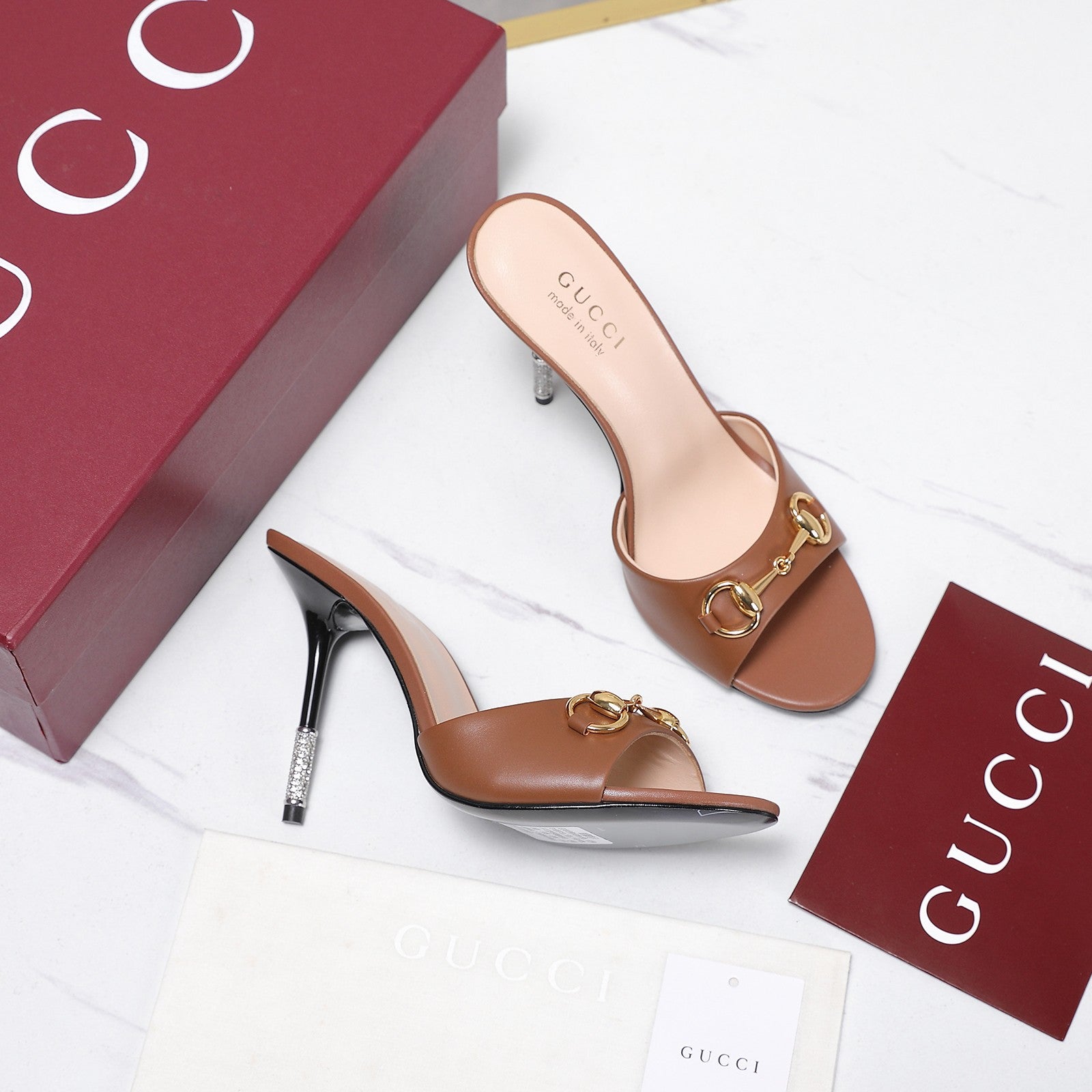 GG 26s Mules Crystal-Embellished Stiletto Heels Brown Calfskin 961235