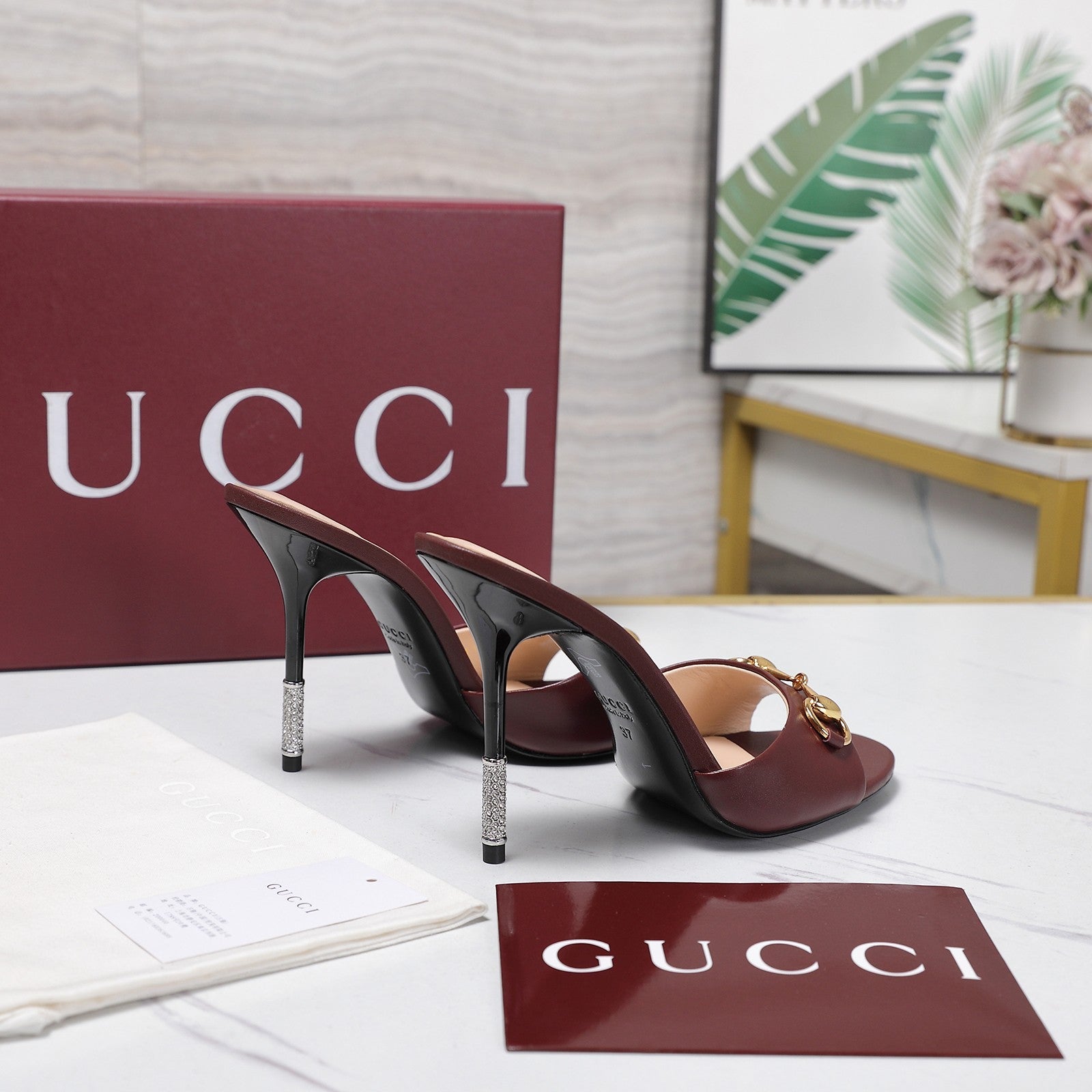 GG 26s Mules Crystal-Embellished Stiletto Heels Burgundy Calfskin 961236