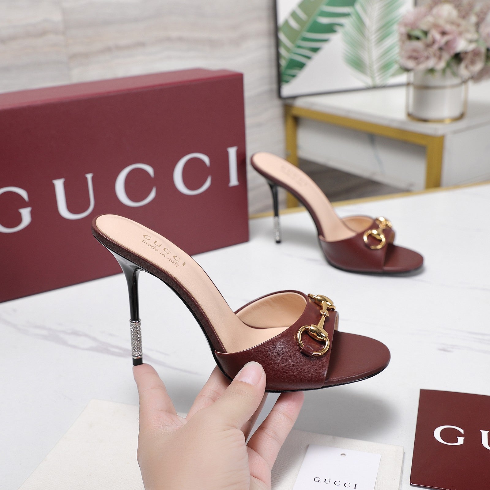 GG 26s Mules Crystal-Embellished Stiletto Heels Burgundy Calfskin 961236