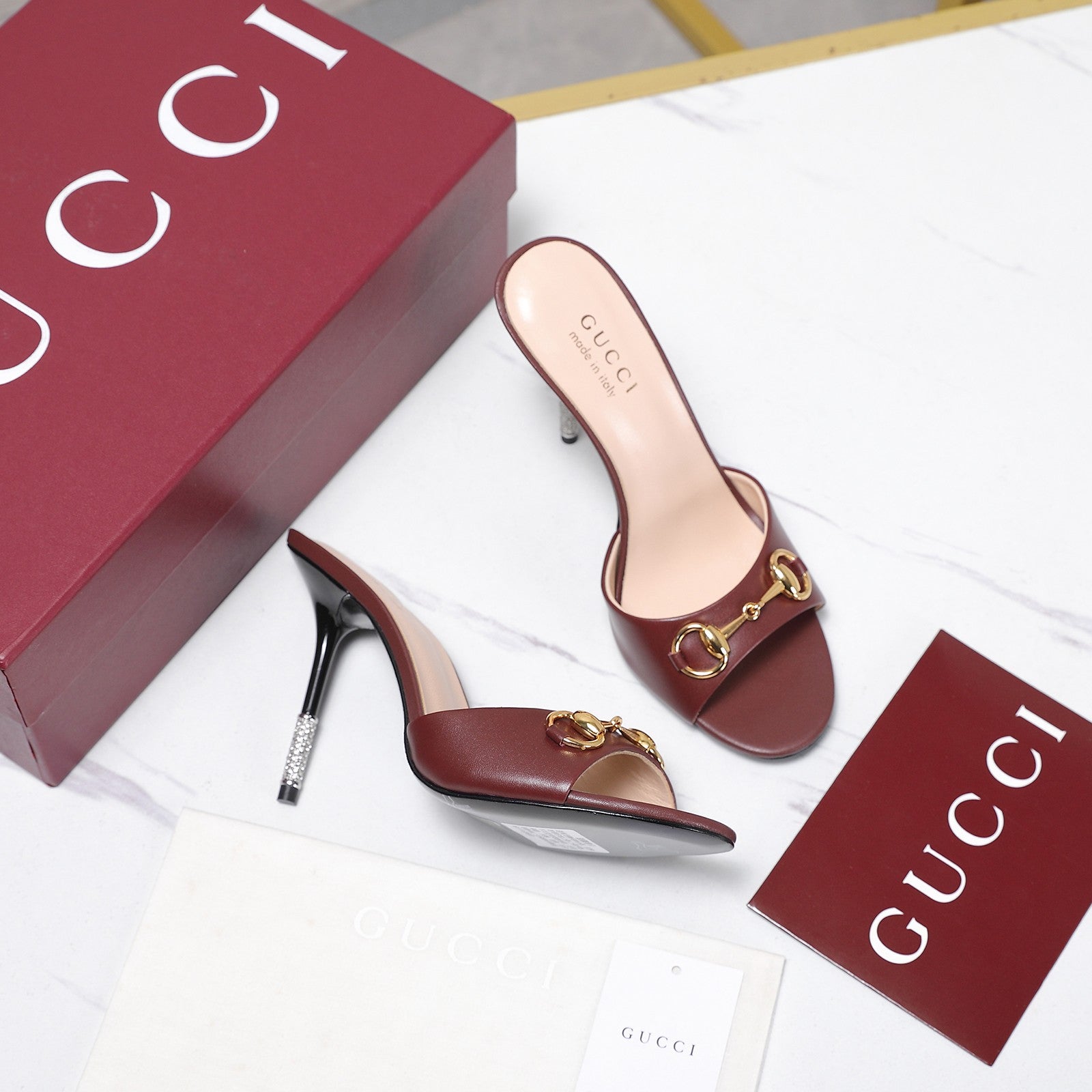 GG 26s Mules Crystal-Embellished Stiletto Heels Burgundy Calfskin 961236