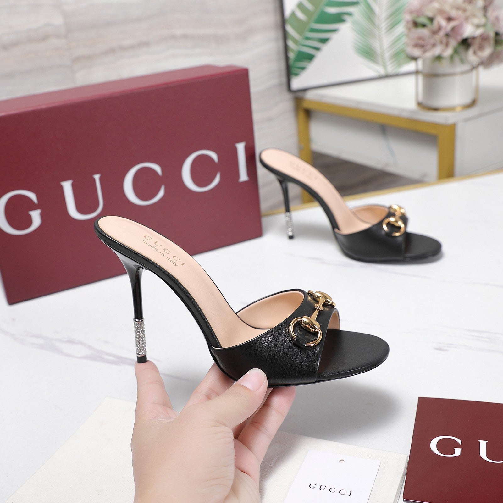 GG 26s Mules Crystal-Embellished Stiletto Heels Black Calfskin 961237