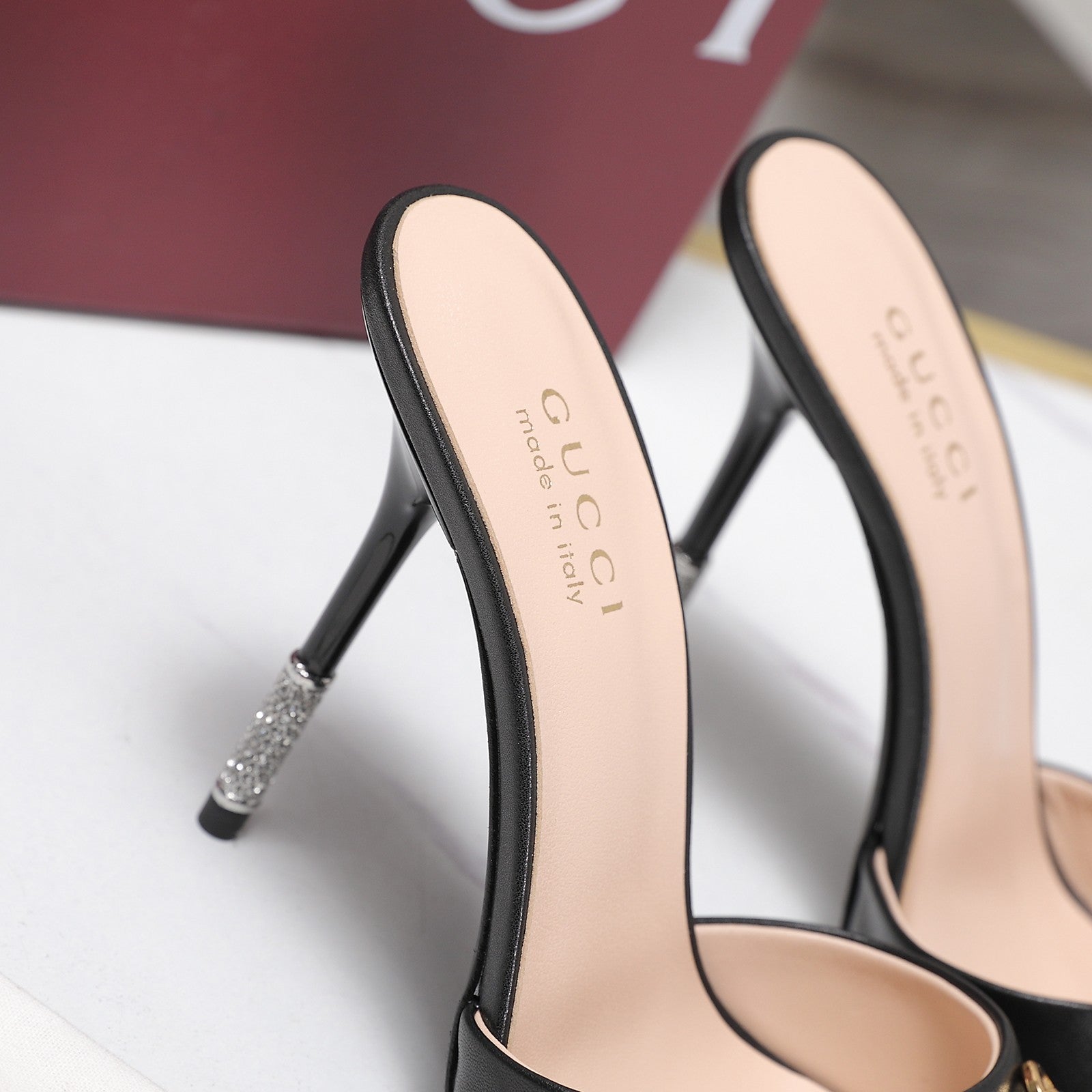 GG 26s Mules Crystal-Embellished Stiletto Heels Black Calfskin 961237