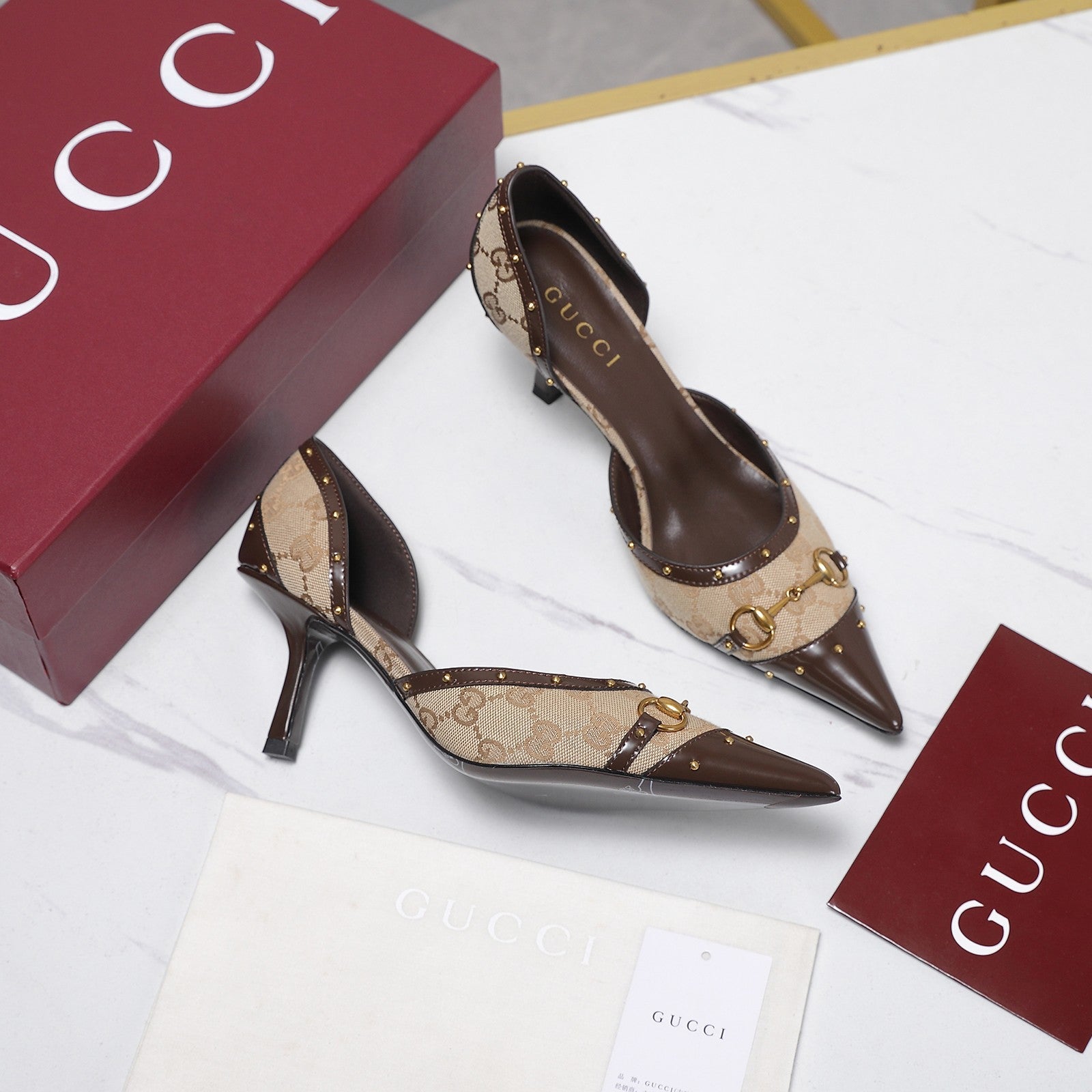 GG 26s Savoy Pumps Brown Beige Lambskin Canvas 961239
