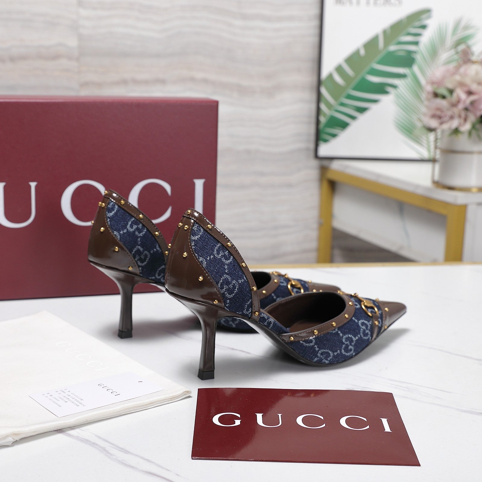 GG 26s Savoy Pumps Brown Blue Lambskin Canvas 961240