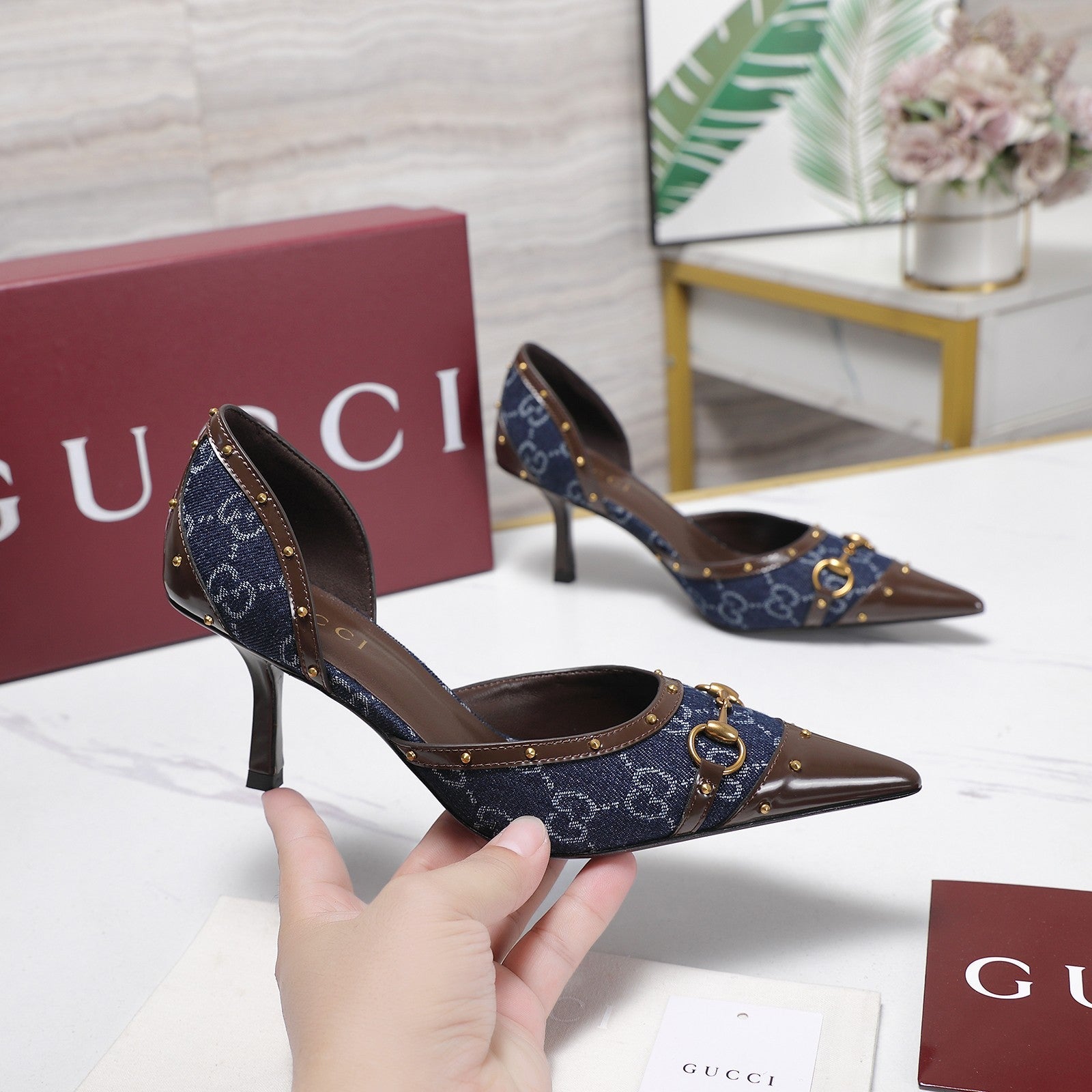 GG 26s Savoy Pumps Brown Blue Lambskin Canvas 961240