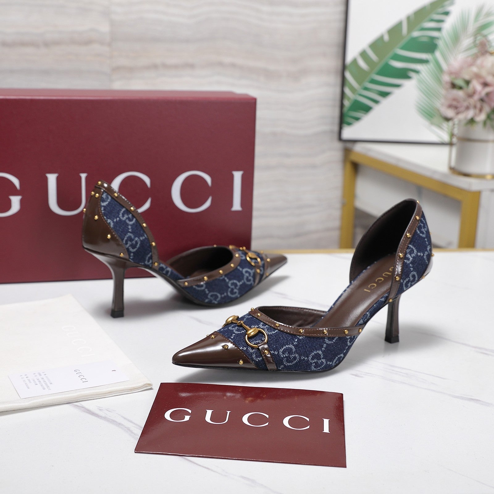 GG 26s Savoy Pumps Brown Blue Lambskin Canvas 961240