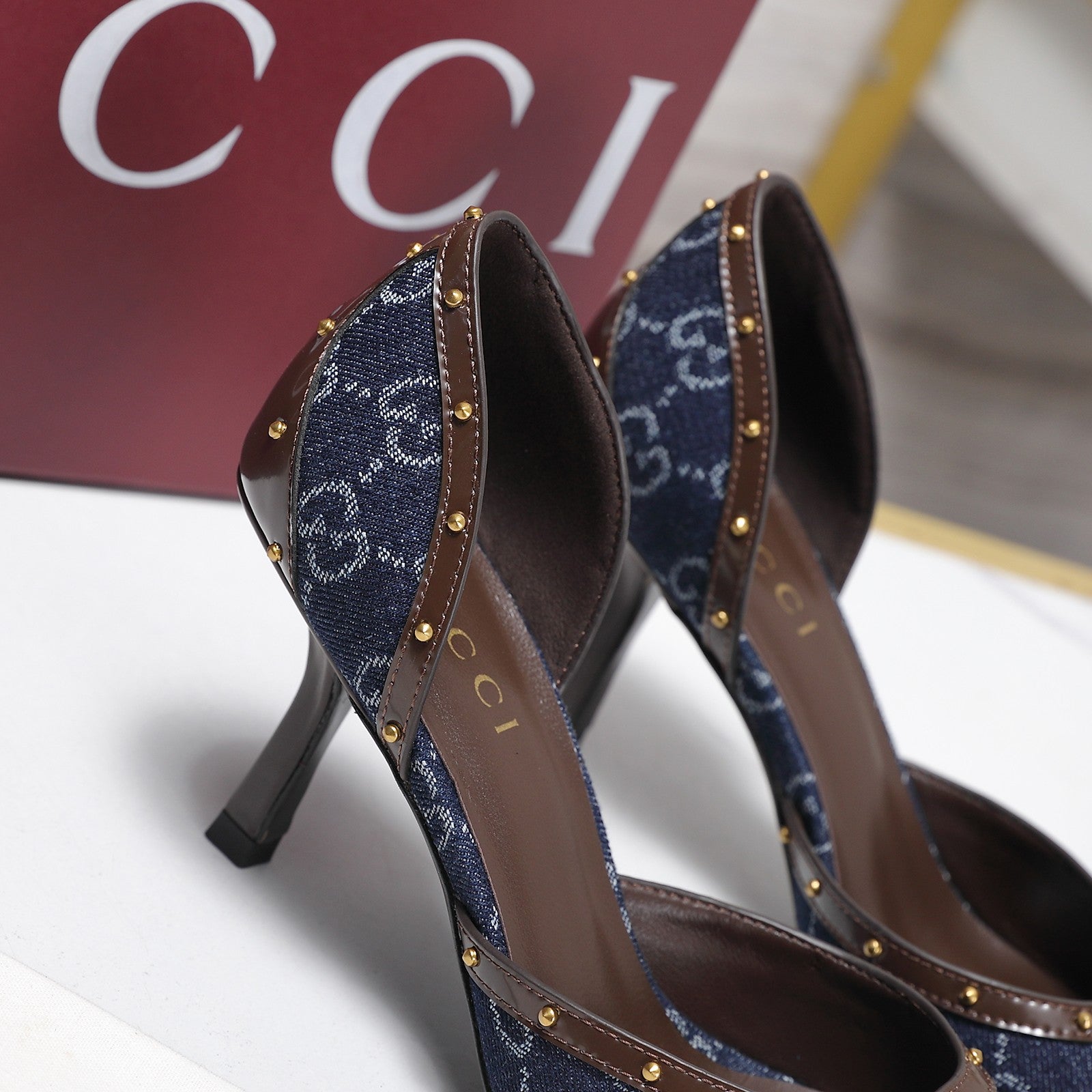 GG 26s Savoy Pumps Brown Blue Lambskin Canvas 961240