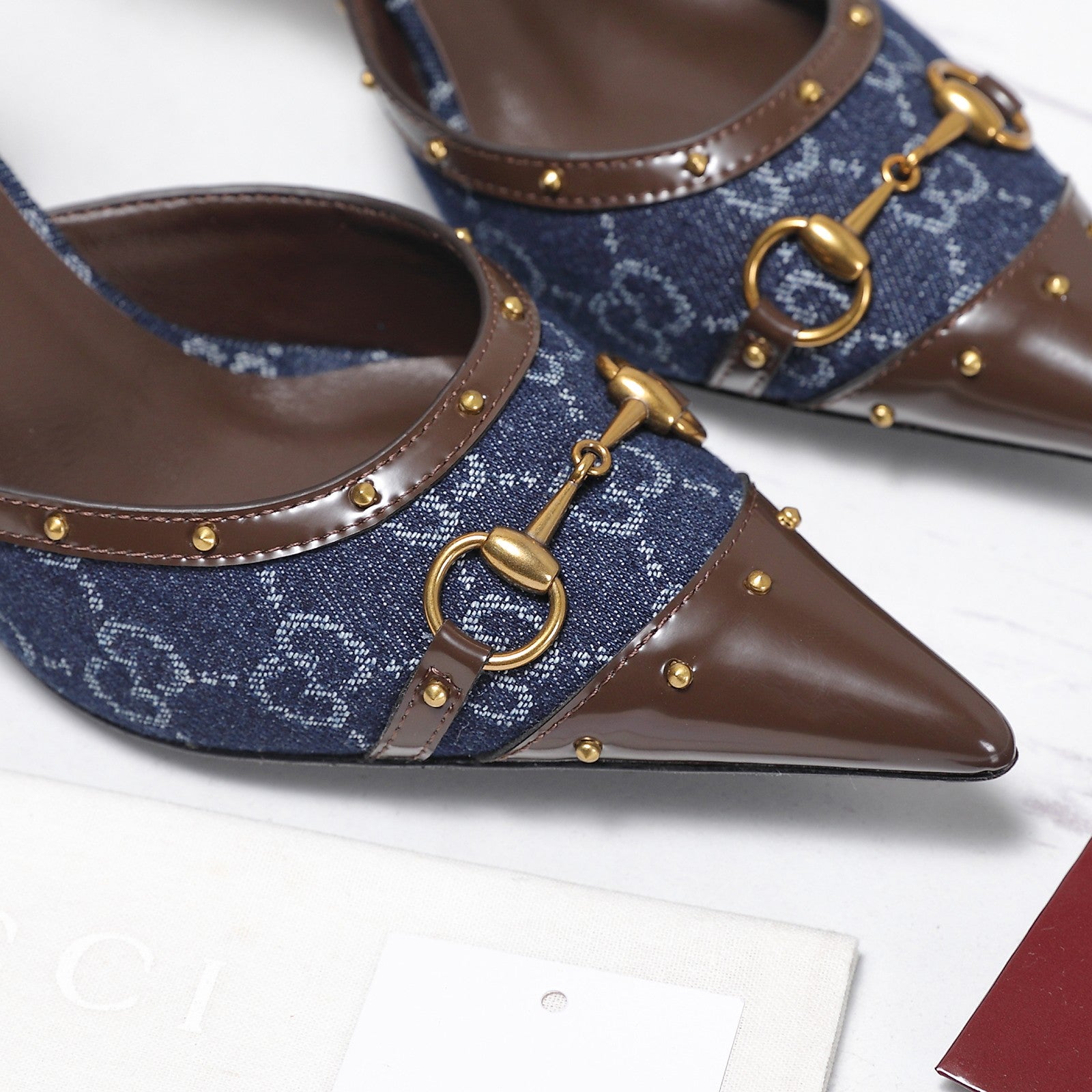 GG 26s Savoy Pumps Brown Blue Lambskin Canvas 961240