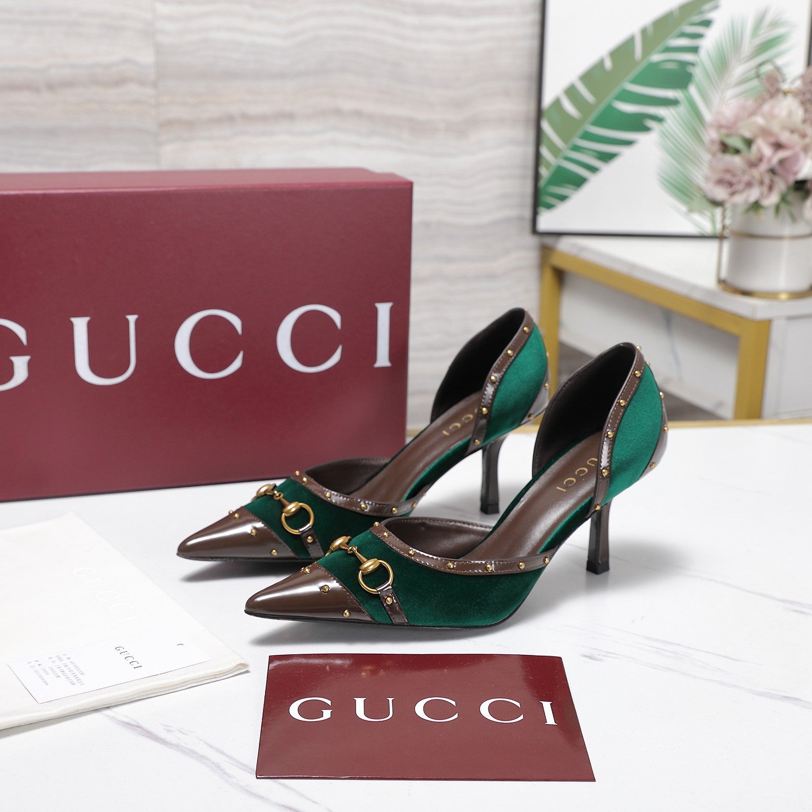 GG 26s Savoy Pumps Brown Green Lambskin Velvet 961242