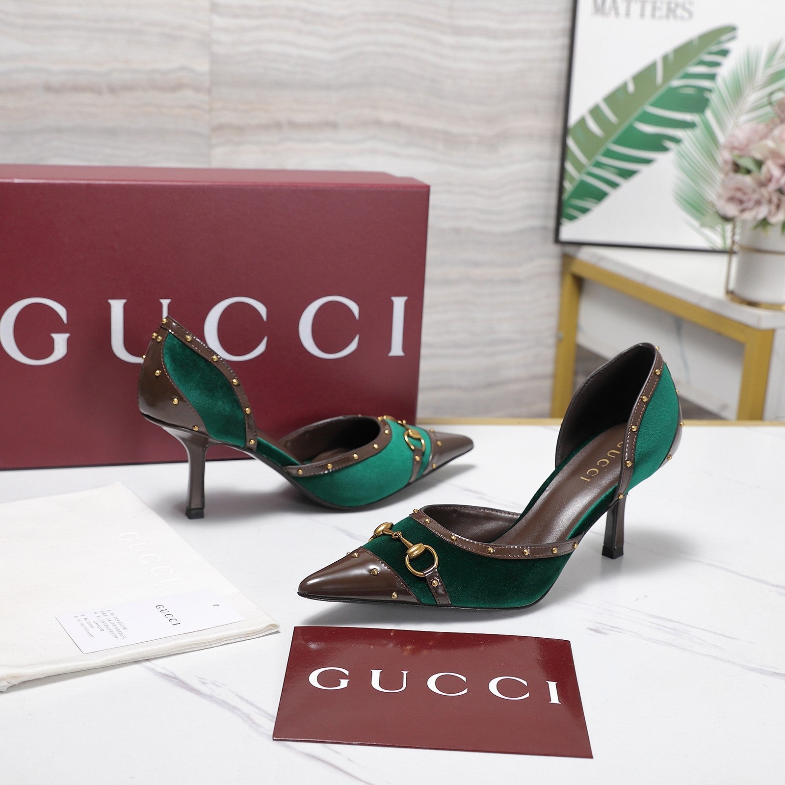 GG 26s Savoy Pumps Brown Green Lambskin Velvet 961242