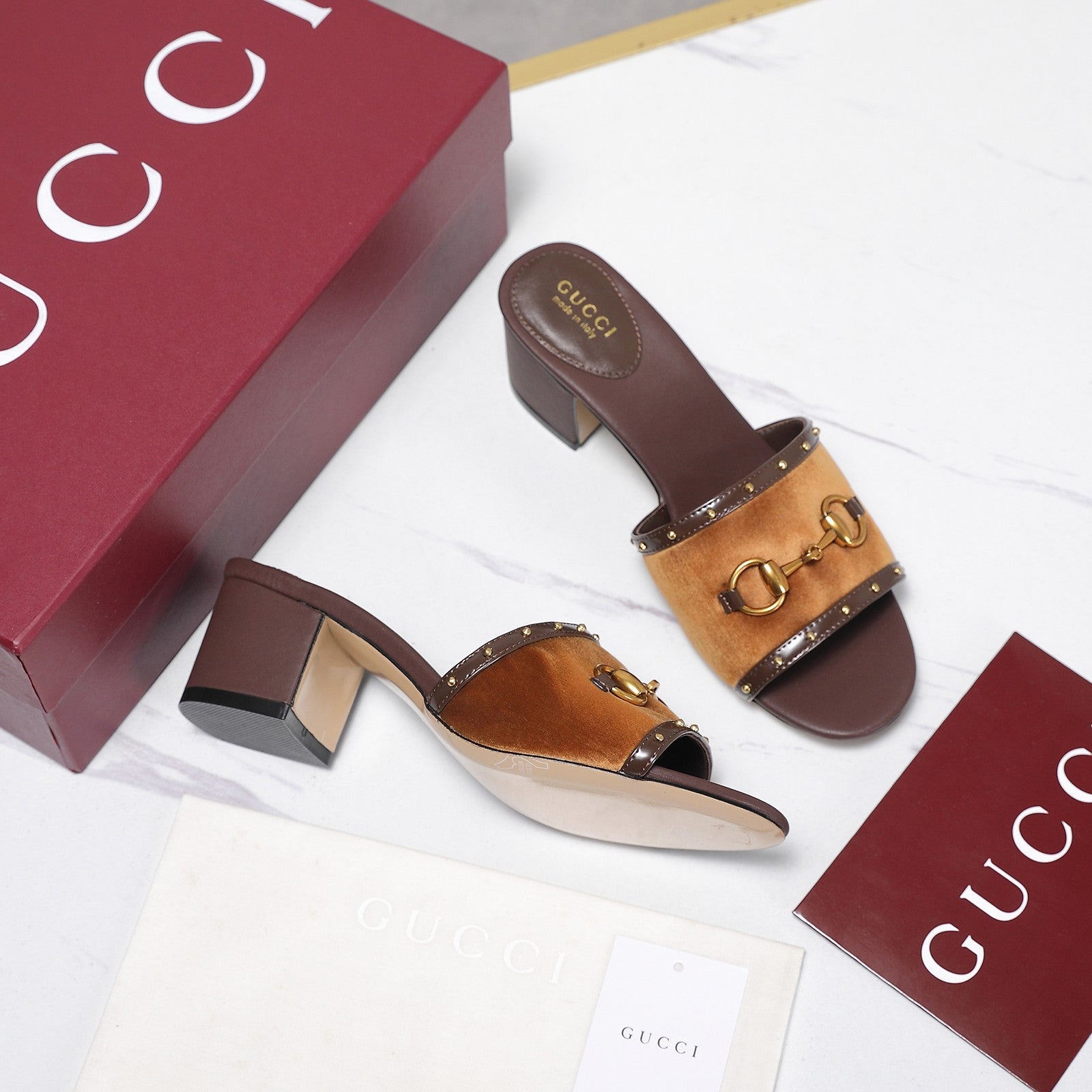 GG 26s Horsebit Mid-Heel Slide Sandal 6.5cm Brown Velvet Lambskin 961276