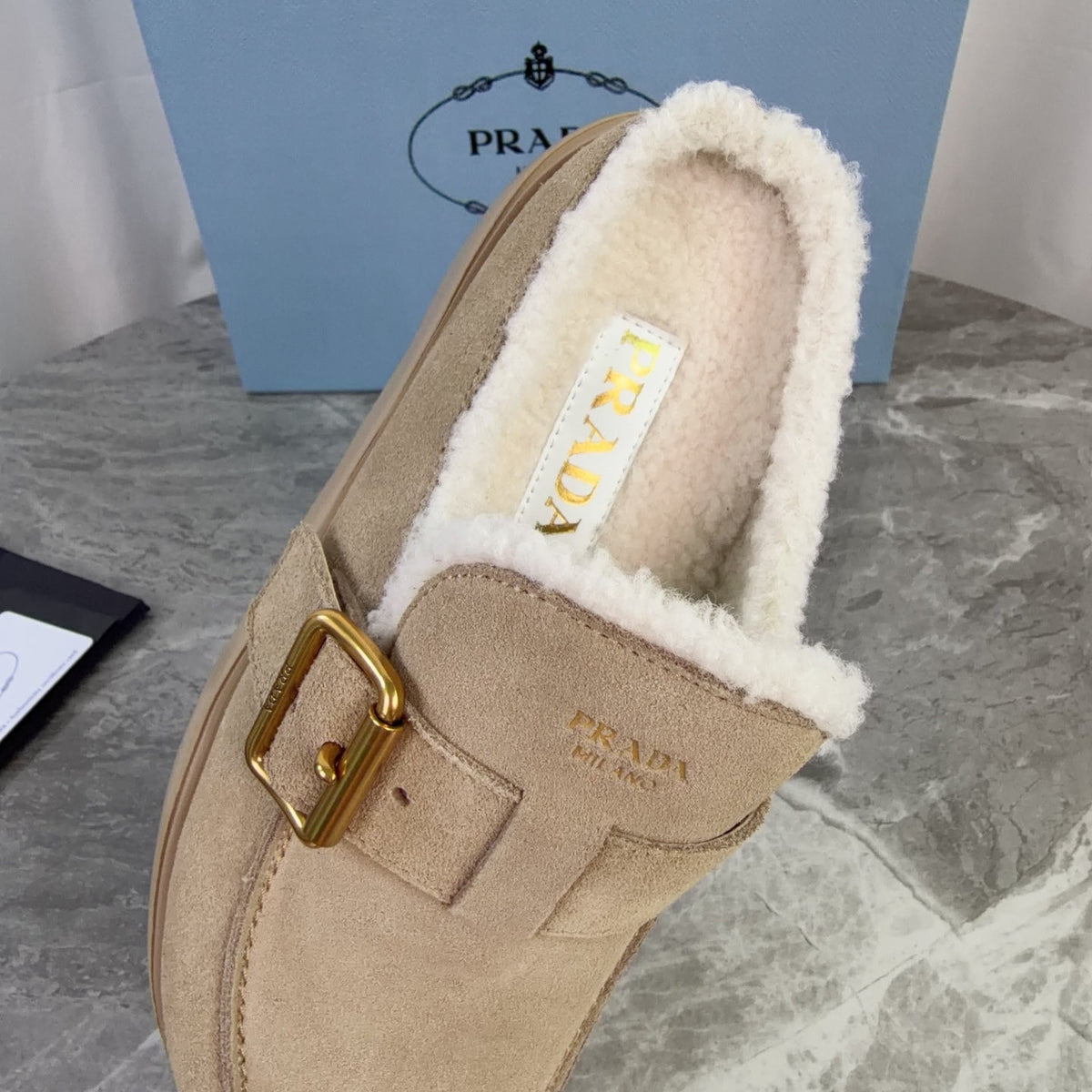Prada 26s Mules Camel Suede Shearling 157668