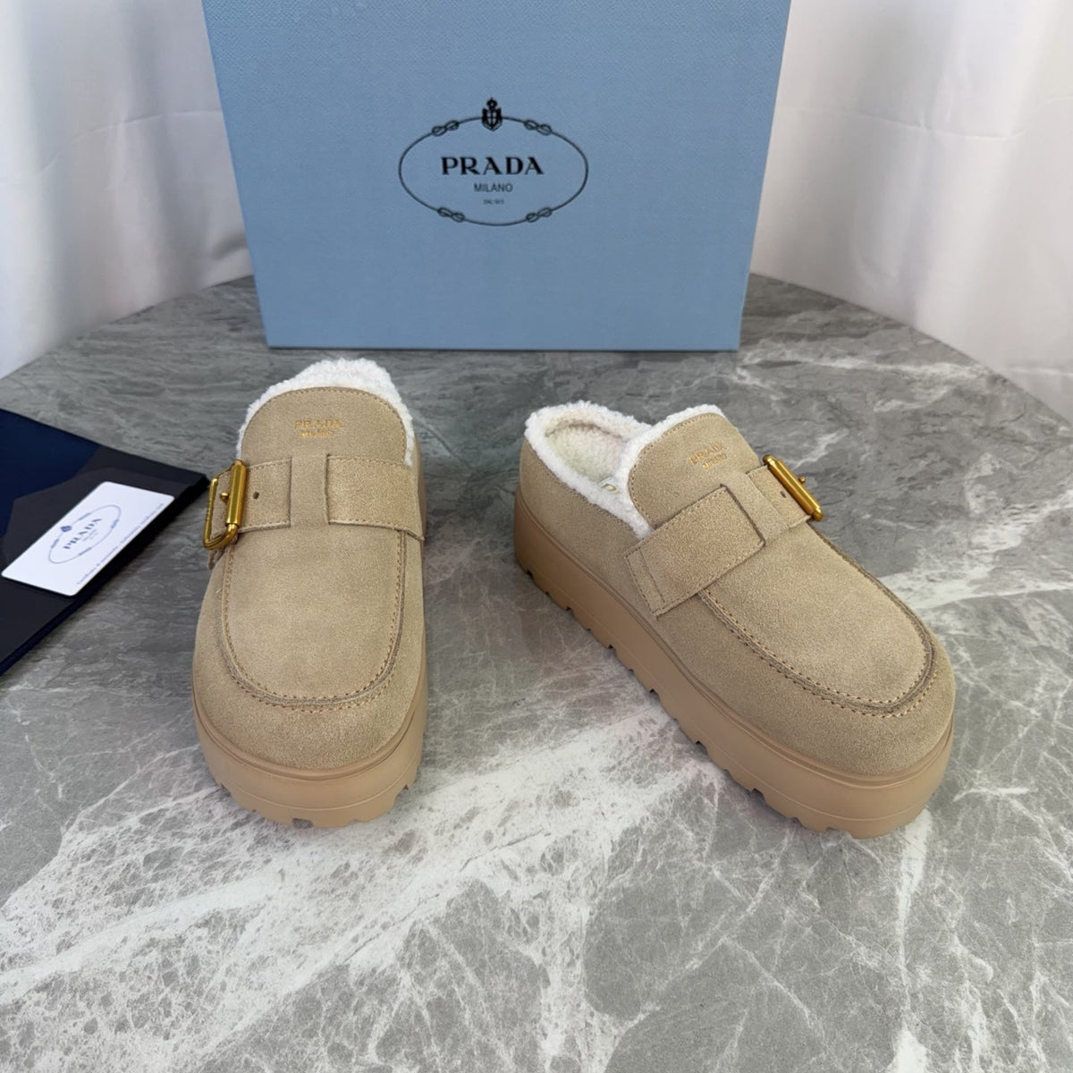 Prada 26s Mules Camel Suede Shearling 157668