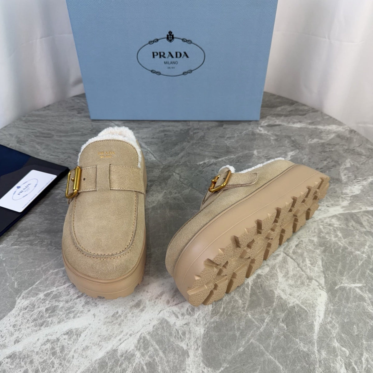 Prada 26s Mules Camel Suede Shearling 157668