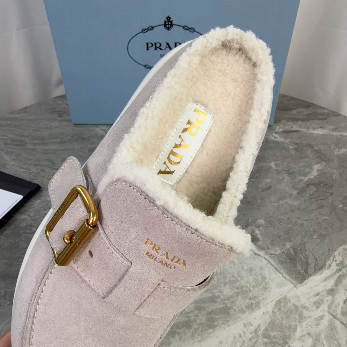 Prada 26s Mules Beige Suede Shearling 157669