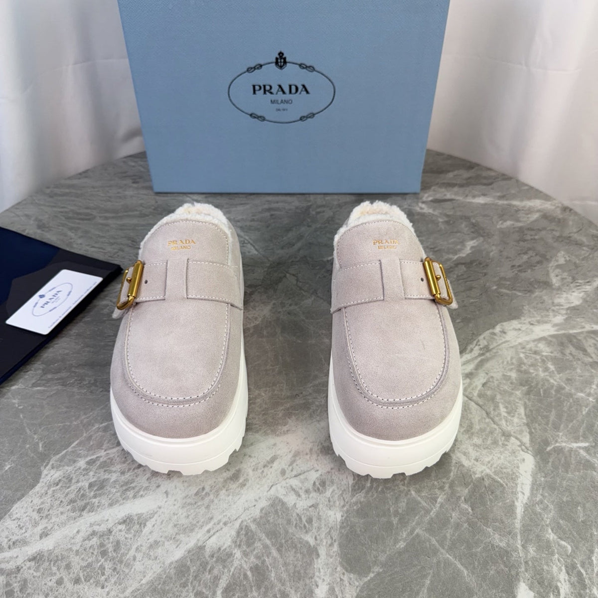 Prada 26s Mules Beige Suede Shearling 157669
