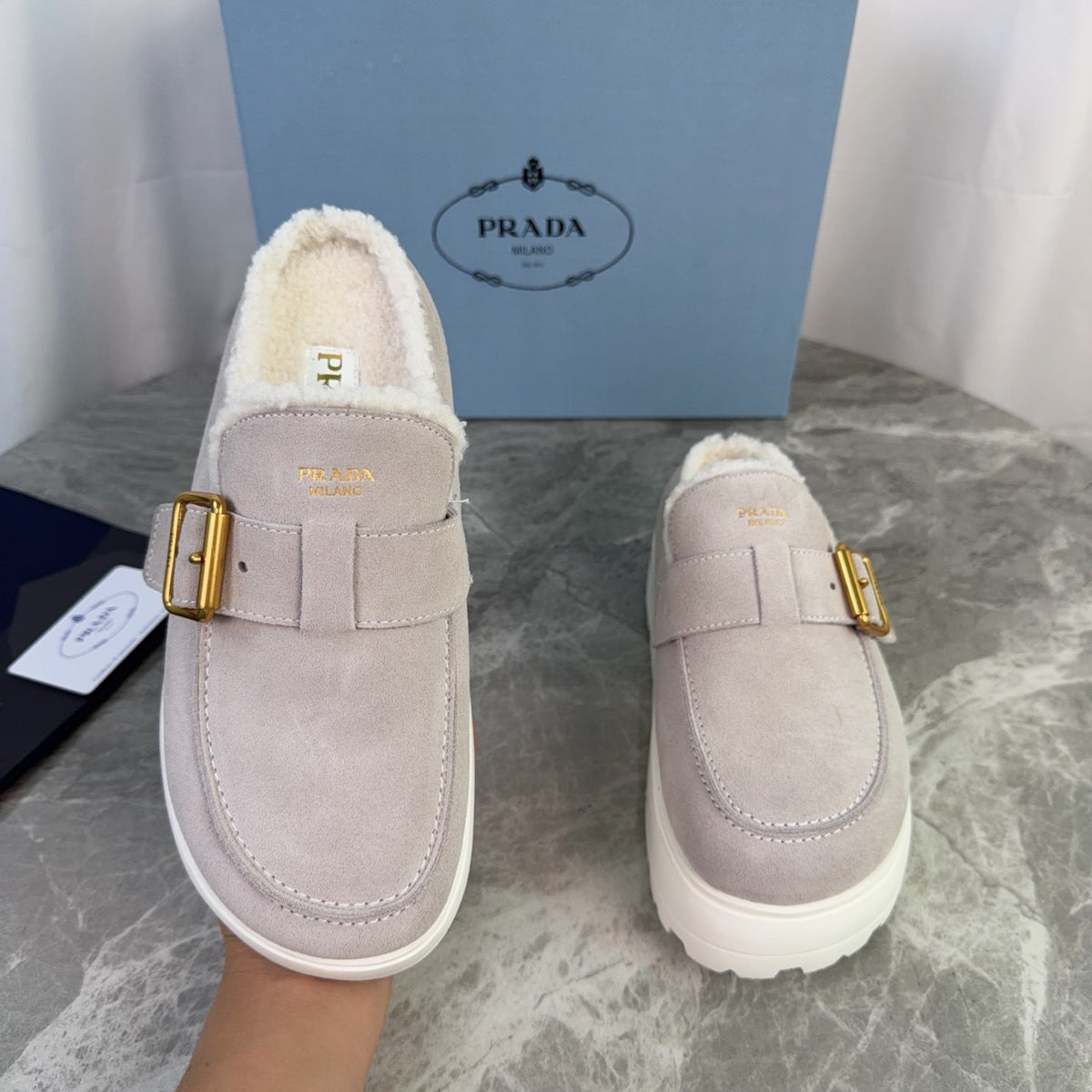 Prada 26s Mules Beige Suede Shearling 157669