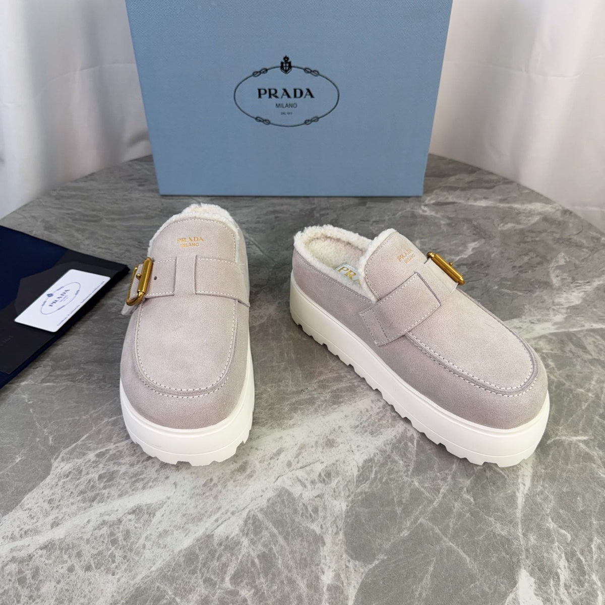 Prada 26s Mules Beige Suede Shearling 157669