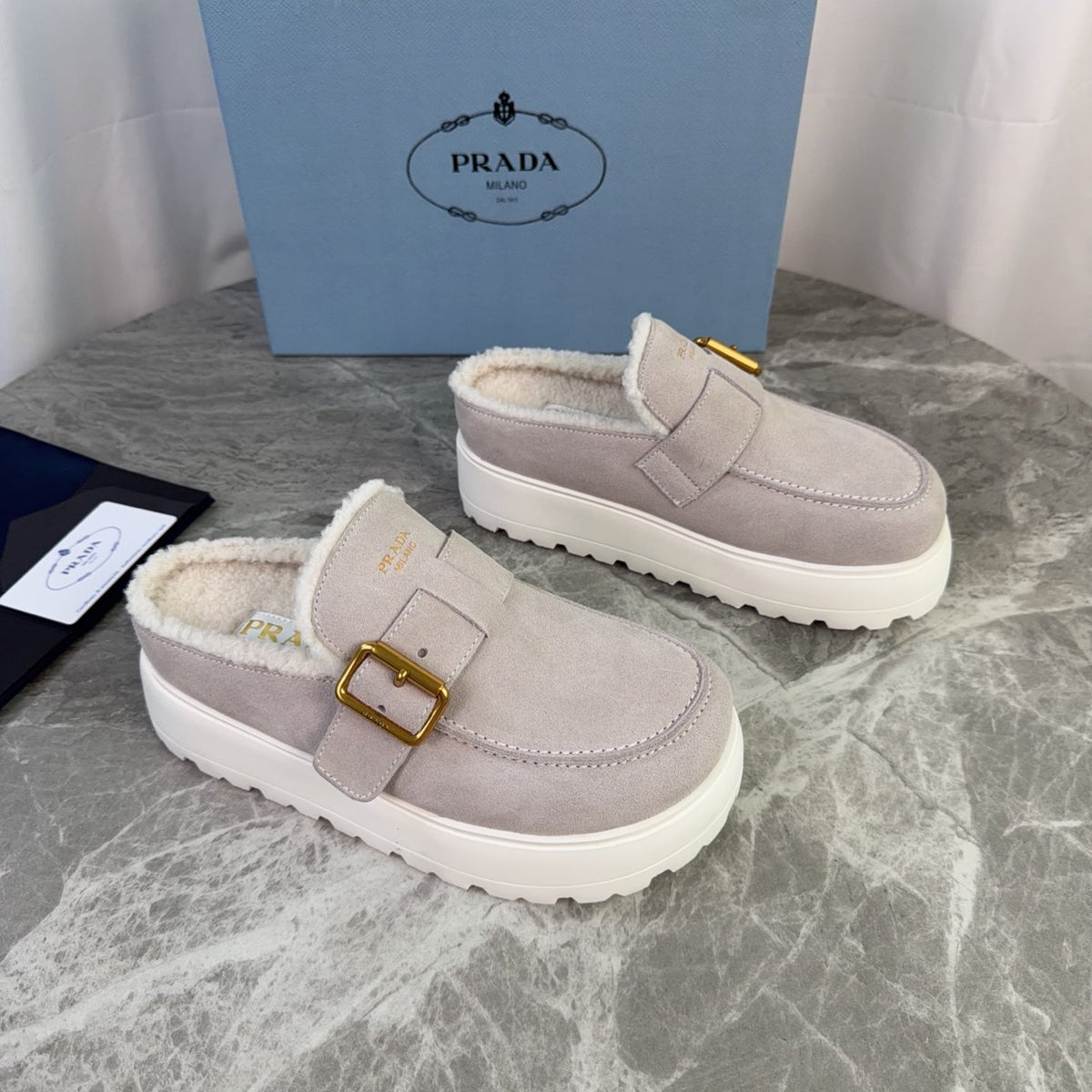 Prada 26s Mules Beige Suede Shearling 157669