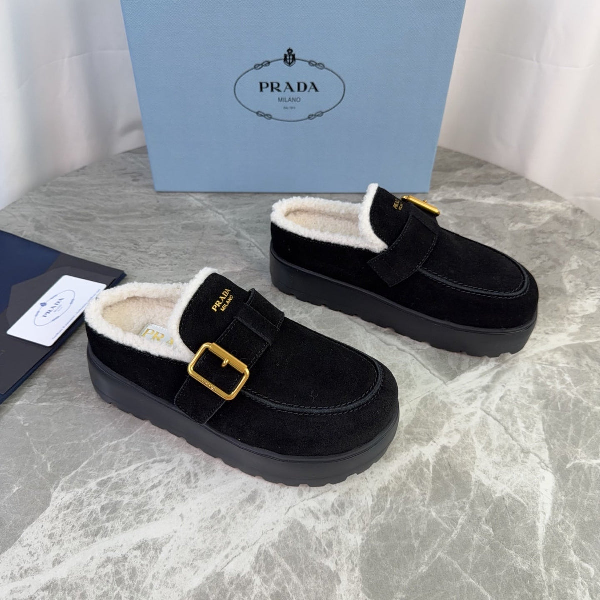 Prada 26s Mules Black Suede Shearling 157670