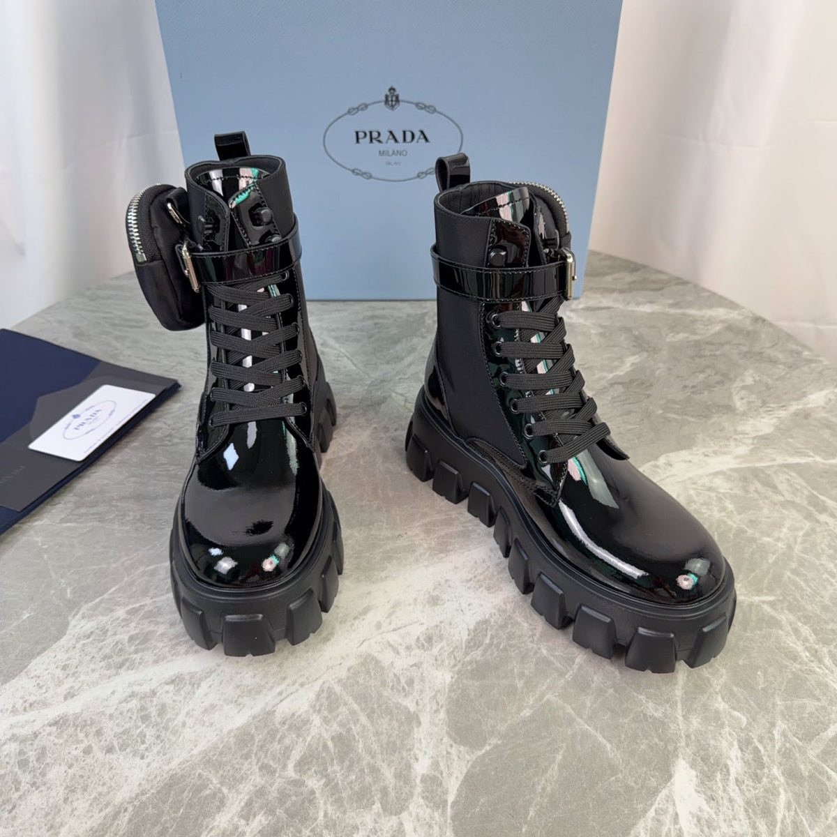 Prada 26s Monolith Boots Black Patent Leather 157671