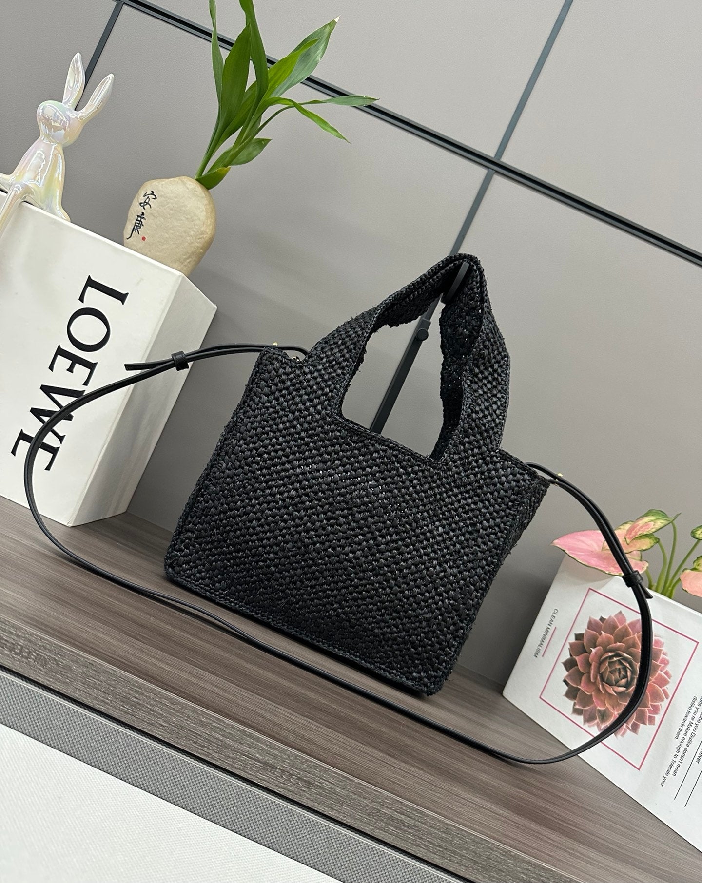 Loewe Small Font Tote Black Raffia
